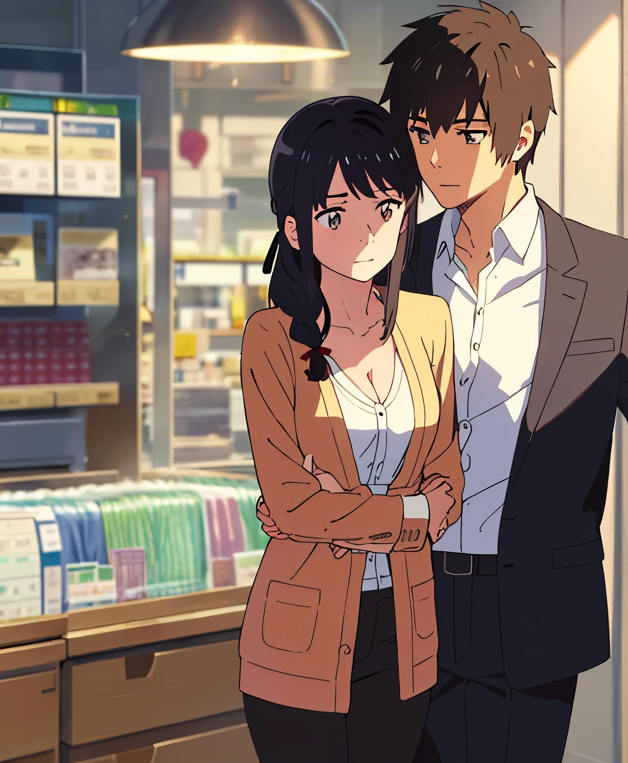 masterpiece:1.6, best quality), finely detailed beautiful eyes: 1.2), colorful, shinkai makoto, kimi no na wa., 1boy, buzzcut, muscular, brown eyes, office worker suit, boy caressing girl's body, hug from behind, 1girl, bangs, black hair, brown eyes, waterfall braid, red ribbon, long hair, long sleeve light yellow cardigan, open shirt, white shirt, cleavage, breast, medium breast, black pants, indoors, jewelery shop, mall, cowboy shot, face to face