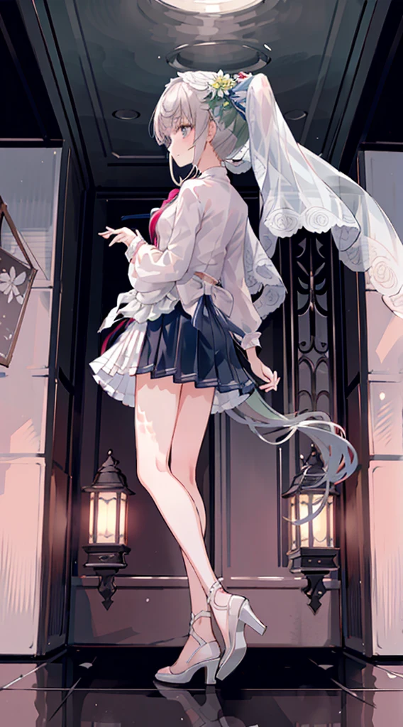 (masterpiece, best quality),high resolution,Super detailed,illustration,depth of field,Ray tracing, beautiful details eyes, 1 girl,alone, (long hair,high ponytail，flowing hair,messy hair),gray eyes,(Shirase Fuku,the veil with flower,White pleated skirt),standing，full body shot，white high heels,Expressless,Gloom \(Express\),(tears)from the side,look down,飞舞的flower瓣,flower,outdoor,gothicarchitecture,blurred background,