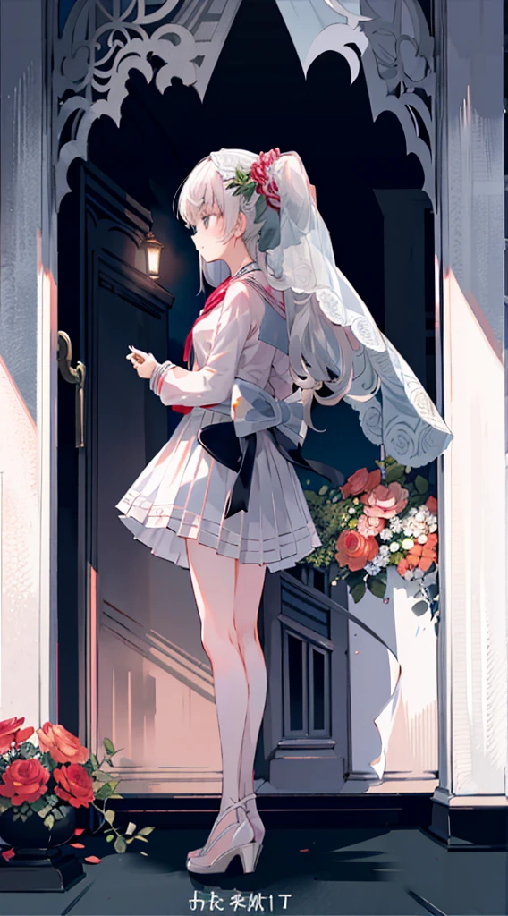 (masterpiece, best quality),high resolution,Super detailed,illustration,depth of field,Ray tracing, beautiful details eyes, 1 girl,alone, (long hair,high ponytail，flowing hair,messy hair),gray eyes,(Shirase Fuku,the veil with flower,White pleated skirt),standing，full body shot，white high heels,Expressless,Gloom \(Express\),(tears)from the side,look down,飞舞的flower瓣,flower,outdoor,gothicarchitecture,blurred background,