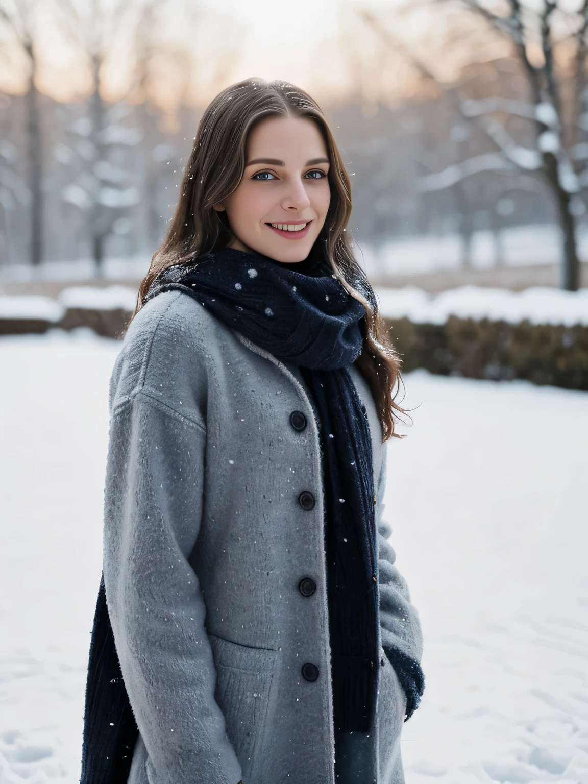 A beautiful young woman, 23Jahrealt, with long brunette hair , dunkelblaue Augen, steht elegant inmitten einer schneebedeckten Landschaft. Sie ist warm gekleidet, stylischer Pullover, ein kuscheliger Mantel, und ein modischer Schal. Her smile radiates warmth, und ihre Augen funkeln vor Freude. The snow falls gently around them, create a magical and calm atmosphere.

The image should be taken in high quality, High resolution format with extremely detailed background. Die Haut der Frau sollte wie Poren und Unreinheiten aussehen, This increases the realism and authenticity of the photo.

Die Beleuchtung sollte sanft und schmeichelhaft sein, Highlighting the beauty of the woman and the beauty of the snowy landscape.

Das Foto sollte einen Kinocharakter haben, with a feeling of depth, Dimension, und Komposition.

**The overall mood of the photo should be one of calm, Gelassenheit, and beauty.**