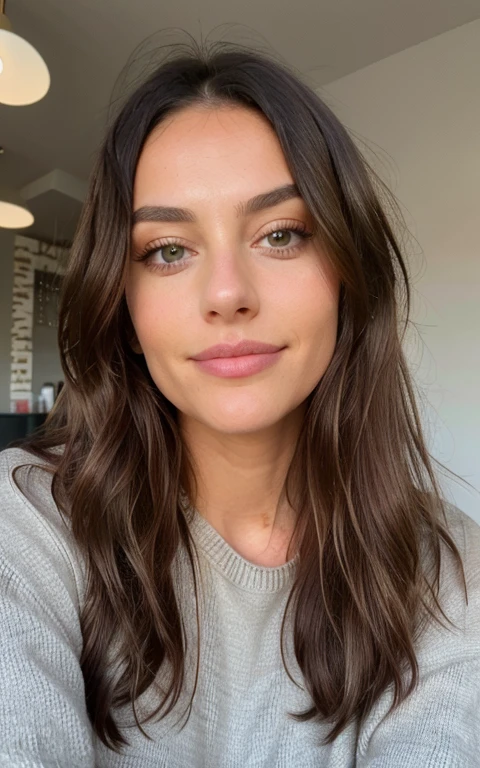 Beautiful brunette wearing a beige sweater (in a modern cafe at sunset), Sehr detailierte, 21 Jahre alt, Gesicht unschuldig, Natural wavy hair, blaue Augen, high resolution, Meisterwerk, Better quality, Komplizierte Details, Sehr detailiert, scharfer Fokus, detaillierte Haut, realistisch skin Textur, Textur, detaillierte Augen, Fachmann, 4K, charming smile, gefilmt in Canon,  85 mm, shallow depth of field, Kodak Vision Color, Perfekt angepasste Karosserie, Extremely detailed, Fotografier_\(Ultra\), fotorealistisch, realistisch, Nachbehandlung, maximale Details, Rauheit, wahres Leben, Ultra realistic, Fotorealismus, Fotografie, 8K UHD, Fotografie, sexy, Flirten Sie mit der Kamera, consider sexy, hole body, hands support face, rosa pullover, goldener ring am finger, blick in die kamera