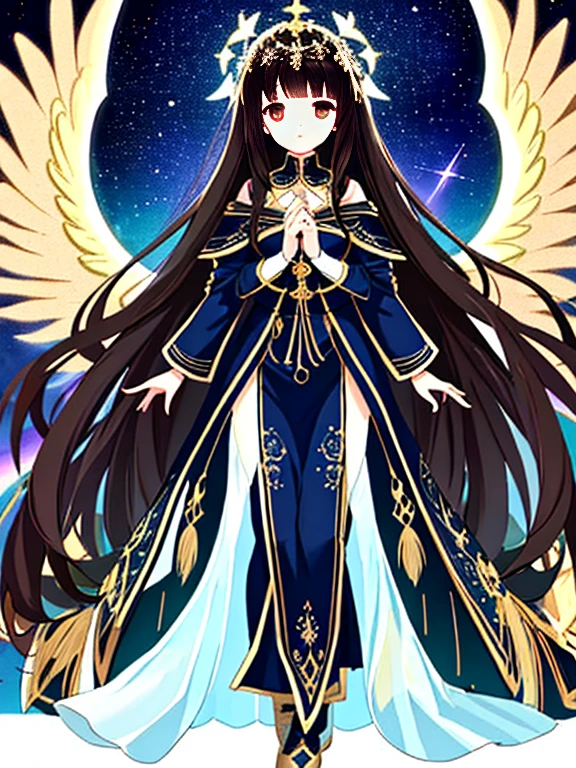 a unsullied cute girl, 1girl is purity, seraph, full body focus, detailed face, beautiful dark brown hair, beautiful black eyes, very long hair, divine shiny, stars, sacred place, sacred garments cover her whole body, Three sets of golden peacock wings grow from her back