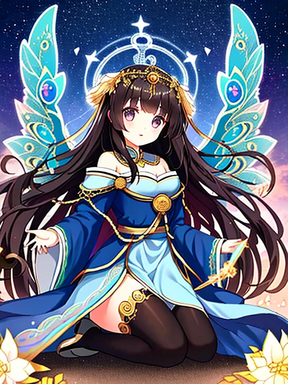 a unsullied cute girl, 1girl is purity, seraph, full body focus, detailed face, beautiful dark brown hair, beautiful black eyes, very long hair, divine shiny, stars, sacred place, sacred garments cover her whole body, Three sets of golden peacock wings grow from her back