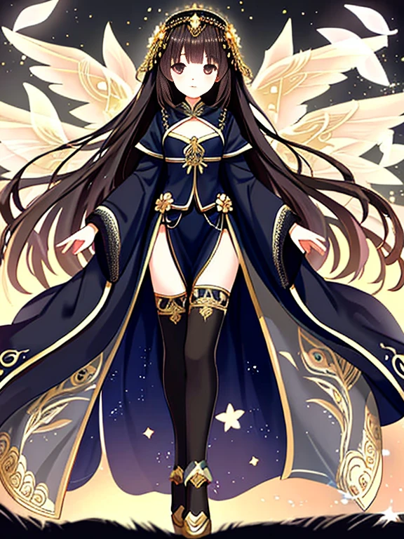 a unsullied cute girl, 1girl is purity, seraph, full body focus, detailed face, beautiful dark brown hair, beautiful black eyes, very long hair, divine shiny, stars, sacred place, sacred garments cover her whole body, Three sets of golden peacock wings grow from her back