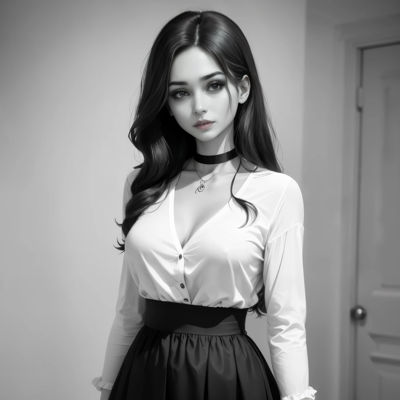 A black and white image of a young woman with medium length wavy hair. Ela usa uma roupa casual, mas elegante, que consiste em uma camisa clara desabotoada sobre um top escuro, complementada por um colar delicado com um pequeno pingente. Your makeup is minimal, accentuating his features, and your gaze is contemplative, directed slightly away from the camera. The image should capture your natural elegance in a monochromatic tone.
