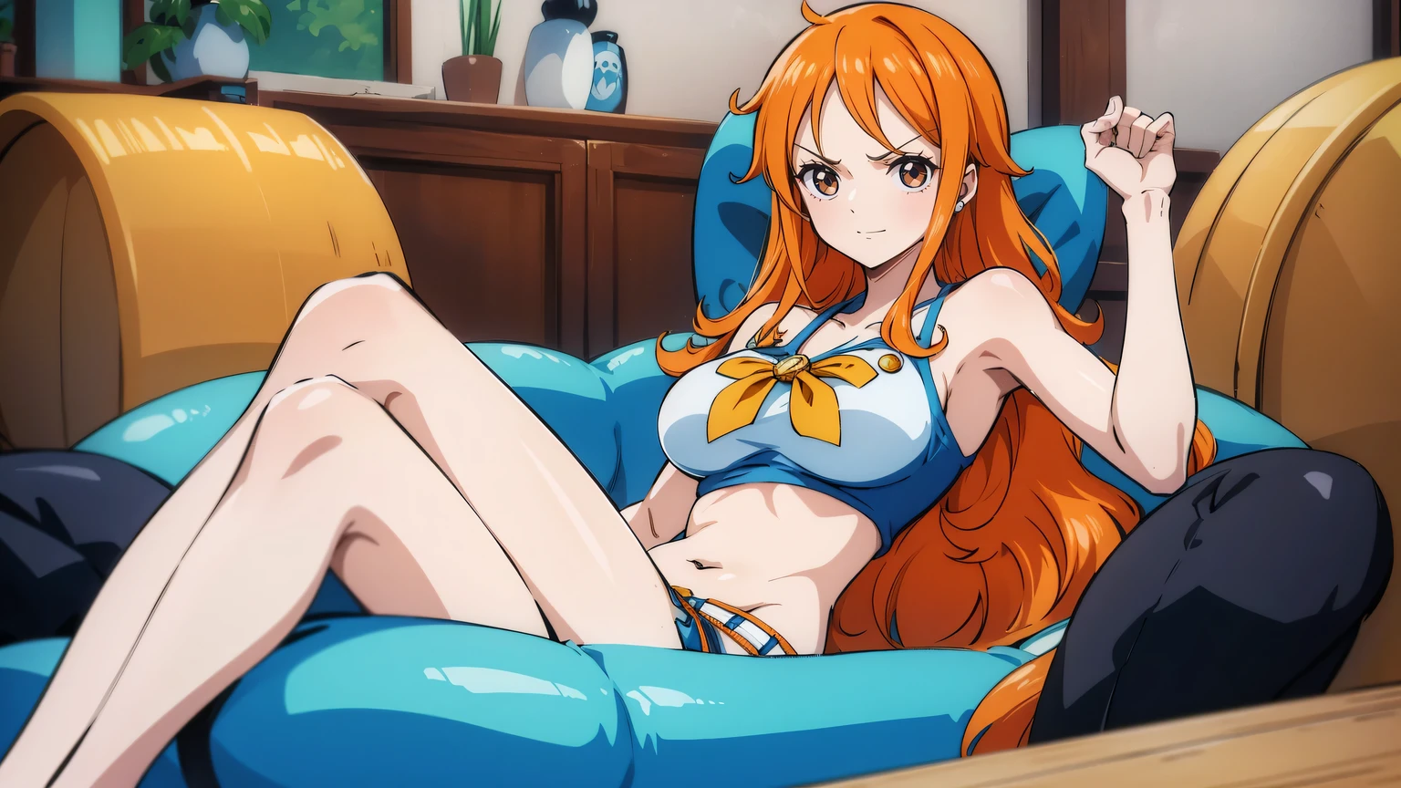 Generate a realistic anime-style image of Nami from One Piece. Capture her distinctive look with orange hair, a shirt, and a cheerful expression. Make sure the picture reflects your adventurous and confident personality as shown in the anime.., whole body, Wide plan , nsfw, Curvy athletic body, Island background,bra top, skirt, orange eyes, orange eyes, armpits, stomach, breasts((nsfw, nude, naked, spreading legs, sitting , bedroom, hairy pubic hair, view from front)),