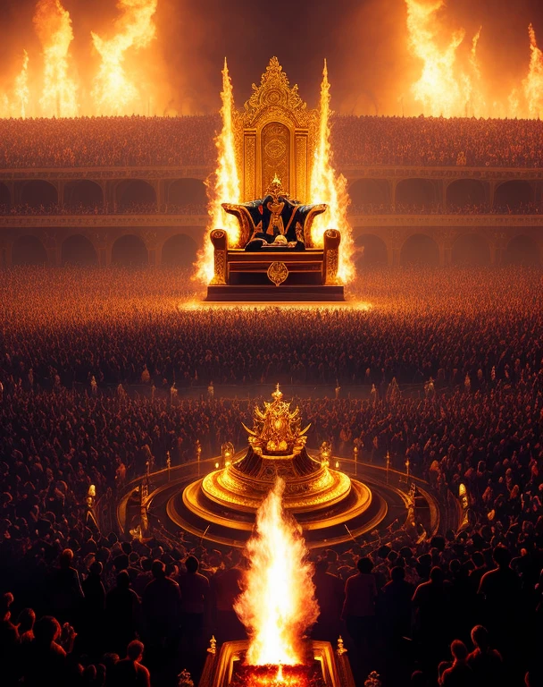 A captivating, dynamic shot of the Almighty sitting on a massive throne made of solid gold, his face covered by smoke and fire as He sits about 200 feet in height as his massiveness towering over the large crowd of people worshiping before him in this massive throne room.