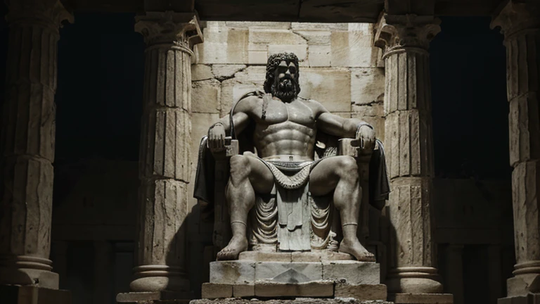 A dark landscape image of an ancient greek society deeply connected to stoicism, black and white, ancient greek architecture, include one single big statue of a stereotypical strong greek man, marcus aurelius --ar 16:9 --style G4JuqKlERum6vZGYhO9USsL