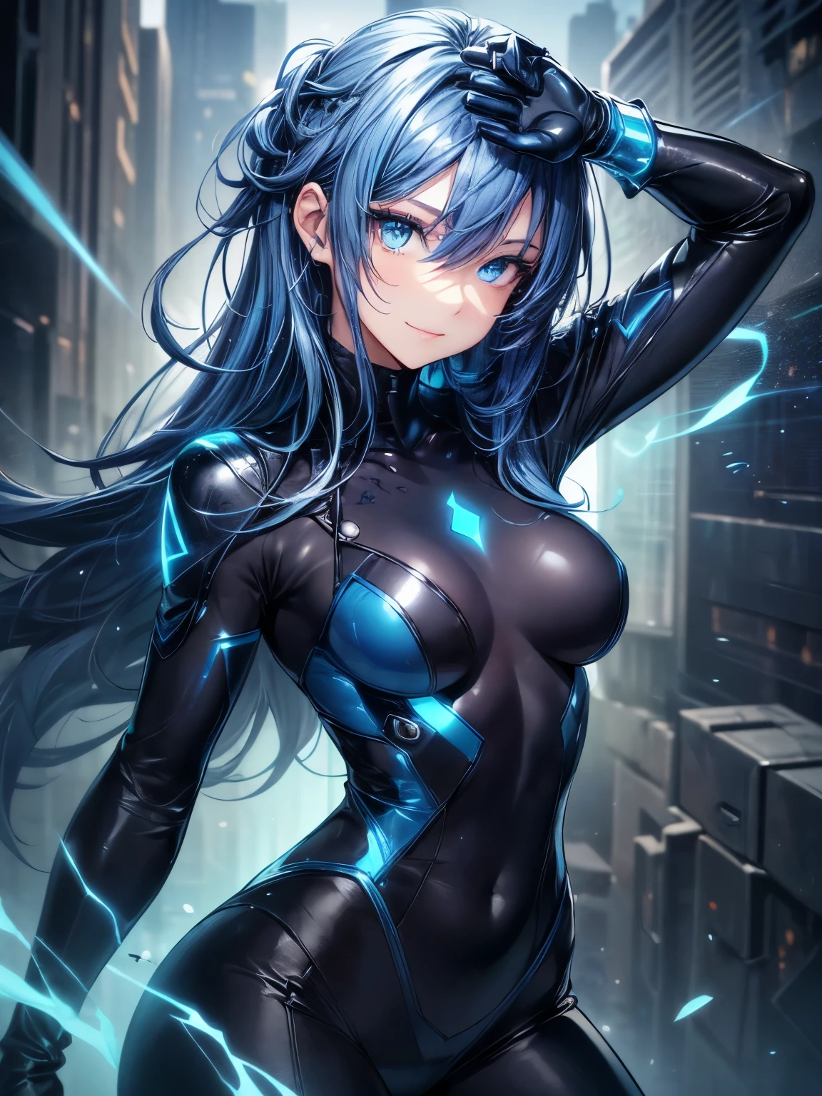 1 girl、solo、looking at the viewer、(若いcute美しい18歳の女の子:1.1)、3d face、beautiful girl、beautiful features、cute、Girlface、K-POP idol、Supermodel、Stunning innocent symmetrical face、(Hands of Guido Daniele)、perfect body、medium breasted、slim waist、slim legs、(high detail skin:1.2)、shining eyes、Skyscraper、weapons of the future、clean face、shiny hair、Proper body proportions、perfect anatomy、realistic skin texture、luscious lips、glossy lips、natural makeup、beautiful bright pupils、slender body shape、complicated eyes、detailed pupil、 detailed face and eyes、long eyelashes、blush、good hand、perfect hands、pretty face、beautiful female body、fine skin、oily shiny skin、(((((mechanical harrow、star halo、complex mechanical bodysuit、Navy blue and black bodysuit、full armor、(Colorful glow floating:1.2)、(Energy Beam:1.3)、(Highly detailed worn metal texture:1.3)、Science fiction、(dark blue hair、Navy Blue theme、Blue coloring、blue eyes:1.3)、very long hair、(A person who emits an aura from his body:1.4)、(青いsolo、lonely girl、shortcut、light on face、Because I'm slender、metal gear、cyberpunk style、(perfect body:1.4)、sparkling blue eyes、Black and navy blue bodysuit、tight fitting clothes、clothes that cover the whole body、clothes that hide skin、very delicate and beautiful、Because I'm slender、gentle smile、heroine、Knee-high boots、gloves up to the elbow、clothes that hide skin、positive、fighting pose