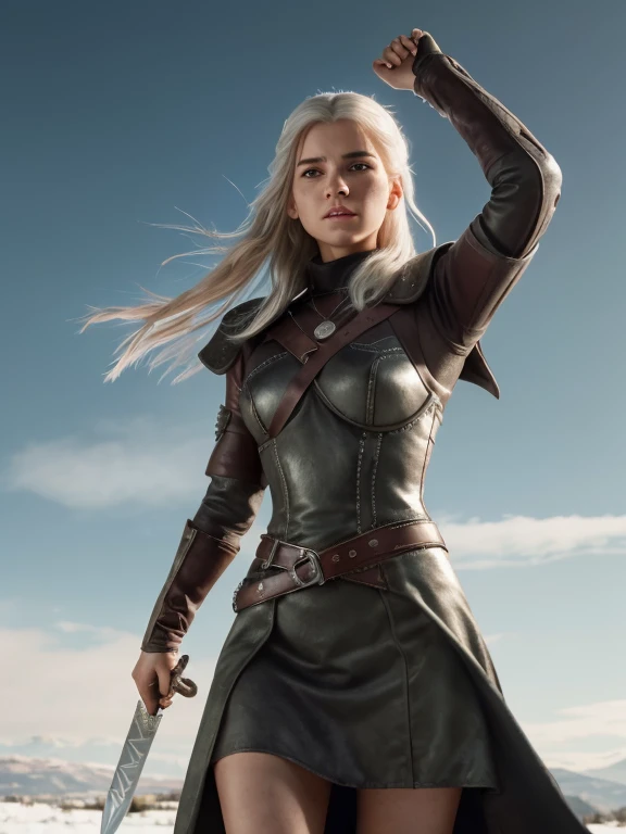 Witcher, (Highest quality:1.3), cinematic shot, masterpiece, cinematic lights, cinematic scene, (sharp focus:1.5), (photorealistic:1.3), medium portrait of A young girl with silver hair, amber eyes and two scars on her face, a slender figure with beautiful curves, a small mouth with full lips, a high forehead, a thin nose, dressed in a green dress with silver patterns and a red belt, runs across a snowy field, pursued by a squad of medieval soldiers in black armor, a sword in her hand, a burning medieval city on the horizon, an expression of fear and determination on her face.