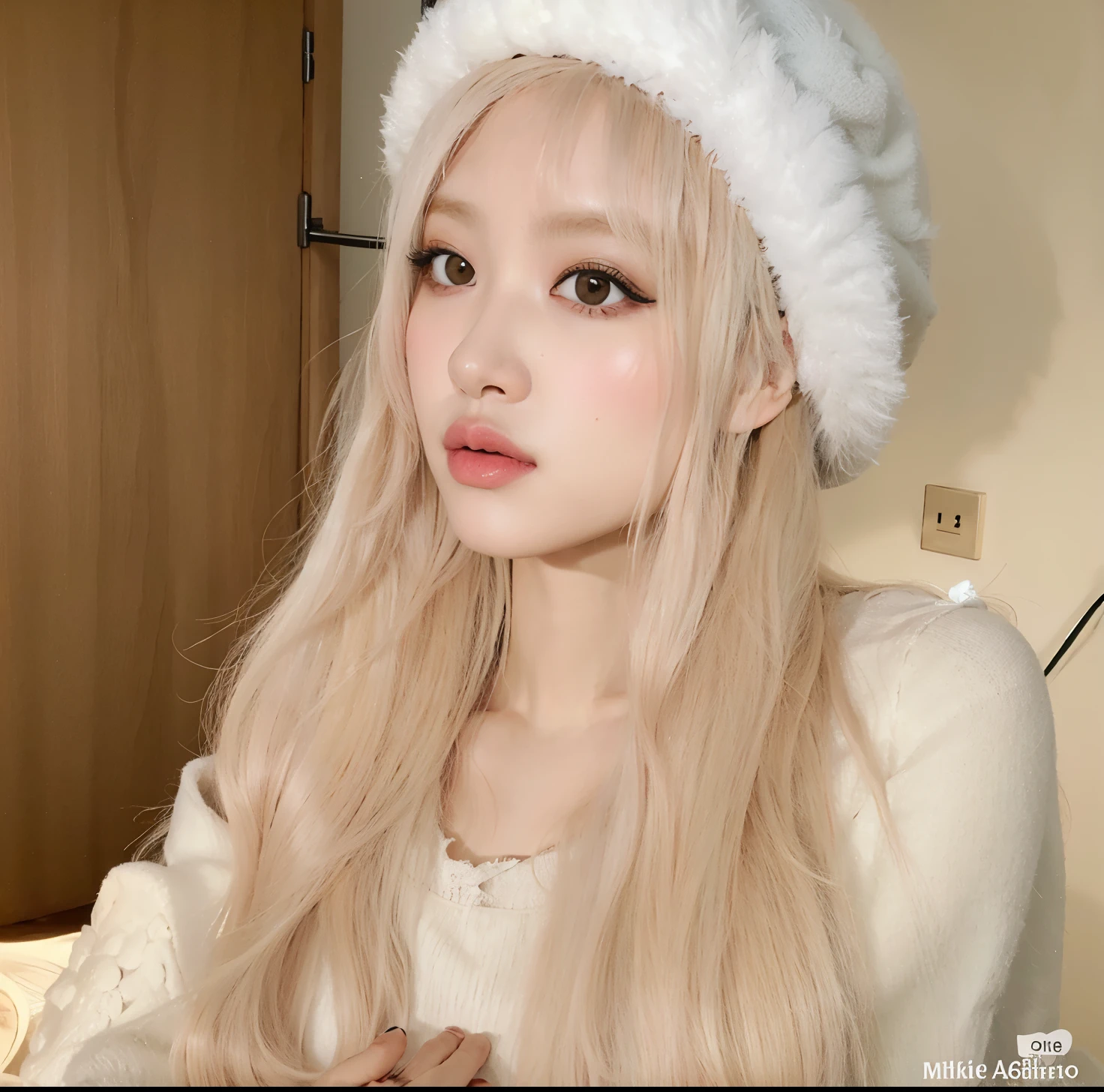 garota loira com cabelos longos, wearing a white hat and sweater, Lalisa Manobal, longos cabelos brancos e franja, Ulzzang, with cabelo longo branco, com longos cabelos brancos, penteado com corte hime branco, Lalisa Manoban do Blackpink, Bela Delfina, cabelo longo branco!!, her hair is white, cabelo longo e liso branco