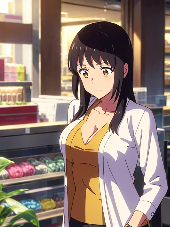 masterpiece:1.6, best quality), finely detailed beautiful eyes: 1.2), colorful, shinkai makoto, kimi no na wa., 1boy, buzzcut, muscular, brown eyes, office worker suit, boy caressing girl's body, breast groping, breast grope, hold breast, 1girl, bangs, black hair, brown eyes, waterfall braid, red ribbon, long hair, long sleeve light yellow cardigan, open shirt, yellow shirt, cleavage, breast, medium breast, black pants, indoors, jewelery shop, mall, cowboy shot, face to face