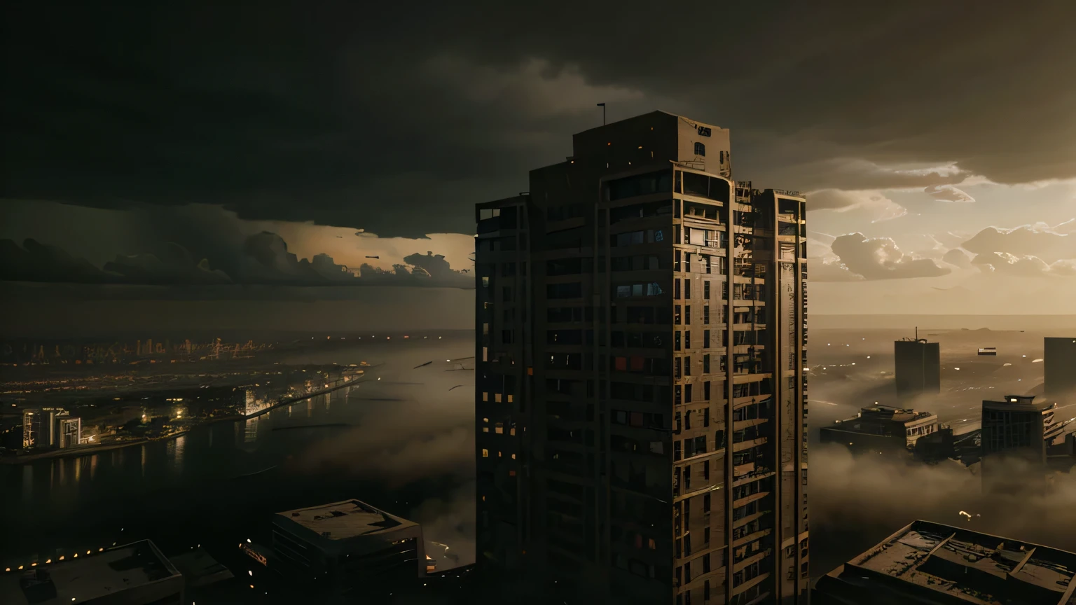 Realistic, personality: [Illustrate a wide aerial shot of the dystopian city, with the crumbling towers and dilapidated buildings stretching as far as the eye can see. The city is shrouded in an eerie haze, emanating a sense of desolation and hopelessness. The darkened sky adds to the ominous atmosphere, hinting at the impending danger lurking within] Unreal engine, hyper real 