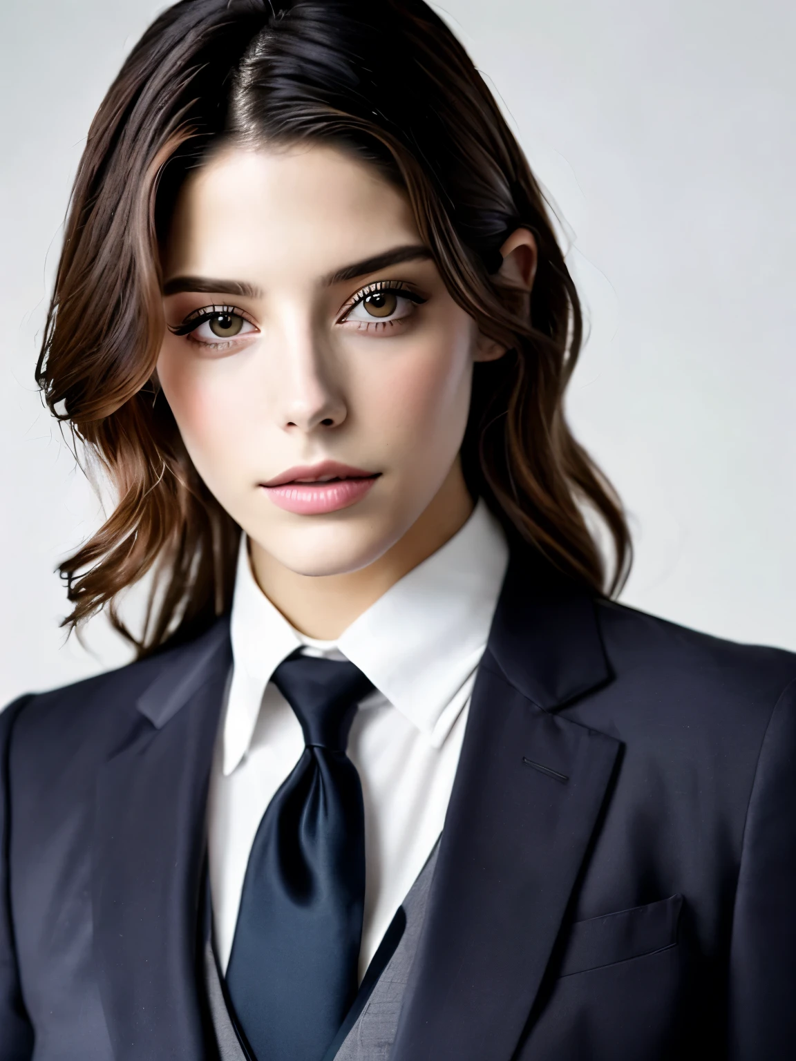 young brunette Ashley Greene dressed in a tailor's suit, light background, in the style of ultrafine detail, high quality photo, 35 mm f/5.6