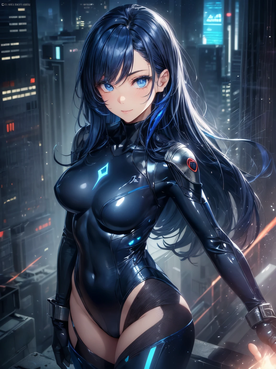 1 girl、solo、looking at the viewer、(若いcute美しい18歳の女の子:1.1)、3d face、beautiful girl、beautiful features、cute、Girlface、K-POP idol、Supermodel、Stunning innocent symmetrical face、(Hands of Guido Daniele)、perfect body、medium breasted、slim waist、slim legs、(high detail skin:1.2)、shining eyes、Skyscraper、weapons of the future、clean face、shiny hair、Proper body proportions、perfect anatomy、realistic skin texture、luscious lips、glossy lips、natural makeup、beautiful bright pupils、slender body shape、complicated eyes、detailed pupil、 detailed face and eyes、long eyelashes、blush、good hand、perfect hands、pretty face、beautiful female body、fine skin、oily shiny skin、(((((mechanical harrow、star halo、complex mechanical bodysuit、Navy blue and black bodysuit、full armor、(Colorful glow floating:1.2)、(Energy Beam:1.3)、(Highly detailed worn metal texture:1.3)、Science fiction、(dark blue hair、Navy Blue theme、Blue coloring、blue eyes:1.3)、very long hair、(A person who emits an aura from his body:1.4)、(青いsolo、lonely girl、shortcut、light on face、Because I'm slender、metal gear、cyberpunk style、(perfect body:1.4)、sparkling blue eyes、Black and navy blue bodysuit、tight fitting clothes、clothes that cover the whole body、clothes that hide skin、very delicate and beautiful、Because I'm slender、gentle smile、heroine、Knee-high boots、gloves up to the elbow、clothes that hide skin、positive、fighting pose