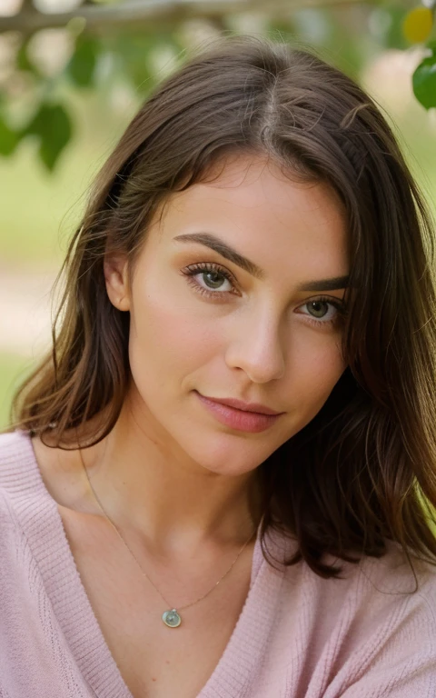 Beautiful brunette wearing a pink sweater (Upper body bent forward, seitlicher blick in die kamera, orangenes licht), face buried in hands, hands clenched, goldener ring, Sehr detailierte, 21 Jahre alt, Gesicht unschuldig, Natural wavy hair, blaue Augen, high resolution, Meisterwerk, Better quality, Komplizierte Details, Sehr detailiert, scharfer Fokus, detaillierte Haut, realistisch skin Textur, Textur, detaillierte Augen, Fachmann, 4K, charming smile, gefilmt in Canon, 85 mm, shallow depth of field, Kodak Vision Color, Perfekt angepasste Karosserie, Extremely detailed, Fotografier_\(Ultra\), fotorealistisch, realistisch, Nachbehandlung, maximale Details, Rauheit, wahres Leben, Ultra realistic, Fotorealismus, Fotografie, 8K UHD, Fotografie, sexy, Flirten Sie mit der Kamera, consider sexy, hole body, hands support face, rosa pullover, goldener ring am finger, blick in die kamera, couple photo