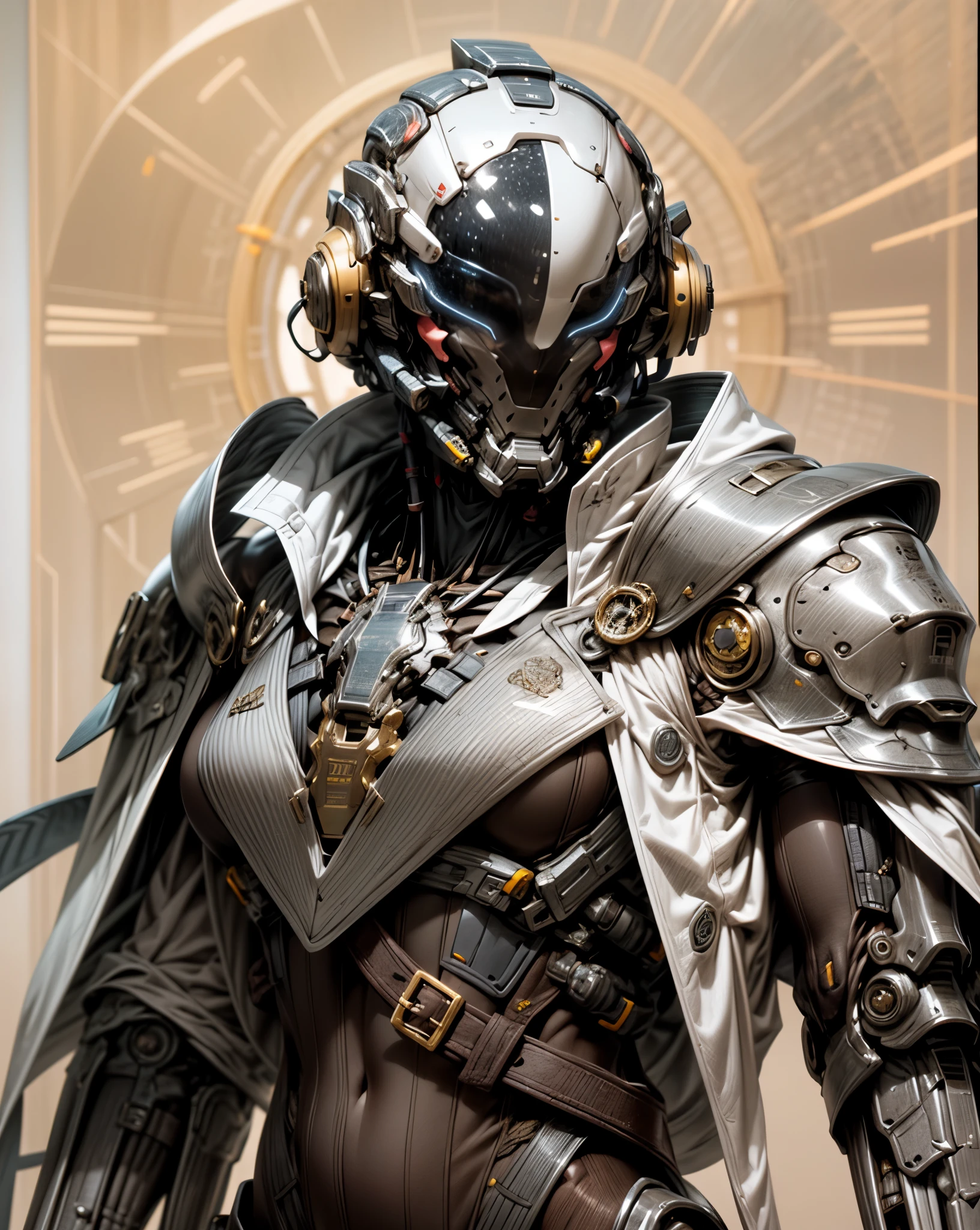 (((An epic and visually stunning digital anime masterpiece:1.5, art piece featuring a ((mid 30’s feminine male:1.5)) elegant military mechanical soldier clad in a sleek yet tactical decorated military trench coat:1.5))), (((flat masculine male chest, beautifully elegant military mechanical mecha head with elegant mecha face:1.6))), (((large bright vibrant blue bar visor:1.5))), (((the character is clothed in a scifi tactical double breasted trench coat with a built in exoskeleton:1.6))), (((over a form fitted armor plated yet super sleek and sensually revealing under suit, waist and thighs exposed:1.6, snow white skin:1.5))), ((The image showcases the intricacies of the character’s armor and clothing:1.4)), ((capturing their flamboyant feminine essence and heavy mechanical art deco aesthetic:1.5)), ((The character also possesses a more masculine androgynous charm:1.4)), (((with a toned yet heavily muscled gorgeous feminine physique:1.4, a sleek waist:1.4, mesomorphic mechanical muscular torso, toned yet beautifully sleek mechanical arms and legs with thick thighs:1.6, mechanical muscles))), ((looking at viewer)), (((brass metal armor and brown leather))), ((((depth of field, cinematic lighting, chromatic aberration, ray tracing, UHD, masterpiece, top of head covered, super detail, high details, high quality, award winning, 8k, highres)))):1.4, (((dieselpunk:1.4, decopunk:1.4)))