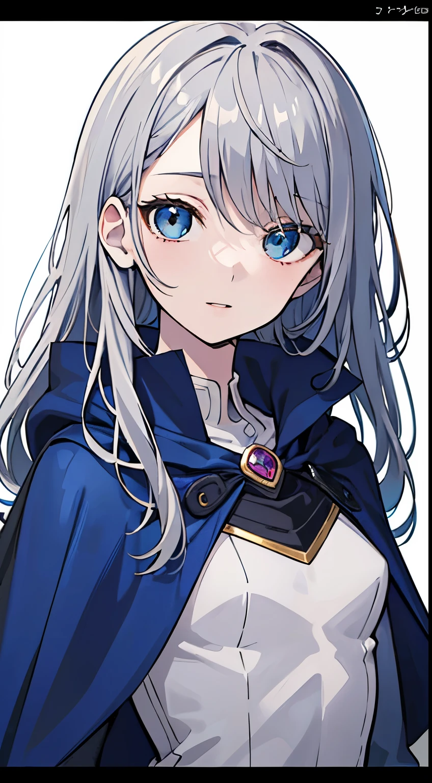 ((happy )), blue big eyes, 1 and slender woman, ((small breasts)), ((Gray hair)),((unkempt long hair,)),In 8K, top quality, (highly detailed head: 1.0), (very detailed face: 1.0), (highly detailed hair: 1.0),((blue cape costume)), Detailed official artwork, clean detailed anime art,(Expressionless)simple, doctor