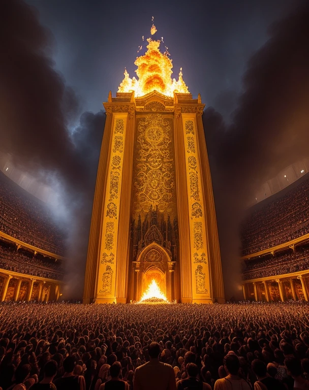 A captivating, dynamic shot of the Almighty sitting on a massive throne made of solid gold, his face covered by smoke and fire as He sits about 200 feet in height as his massiveness towering over the large crowd of people worshiping before him in this massive throne room.