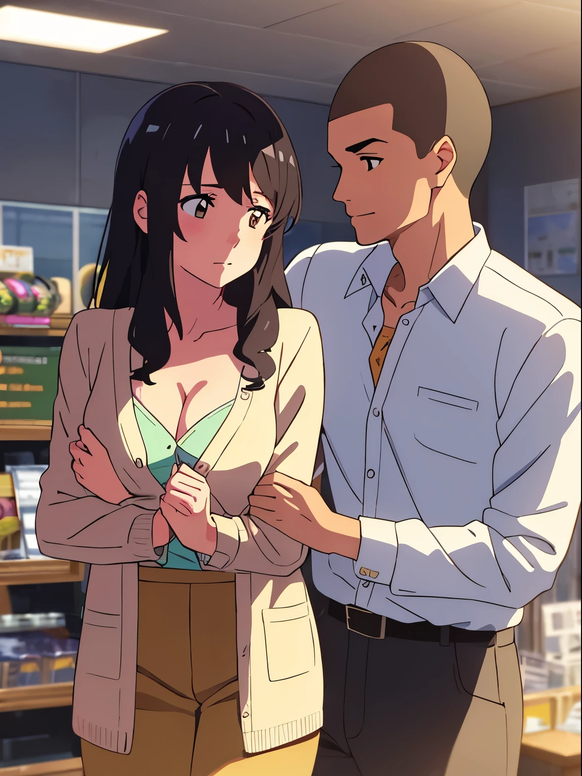 masterpiece:1.6, best quality), finely detailed beautiful eyes: 1.2), colorful, shinkai makoto, kimi no na wa., 1boy, buzzcut, muscular, brown eyes, office worker suit, boy caressing girl's body, breast groping, breast grope, hold breast, 1girl, bangs, black hair, brown eyes, waterfall braid, red ribbon, long hair, long sleeve light yellow cardigan, open shirt, yellow shirt, cleavage, breast, medium breast, black pants,  indoors, jewelery shop, mall, cowboy shot, face to face