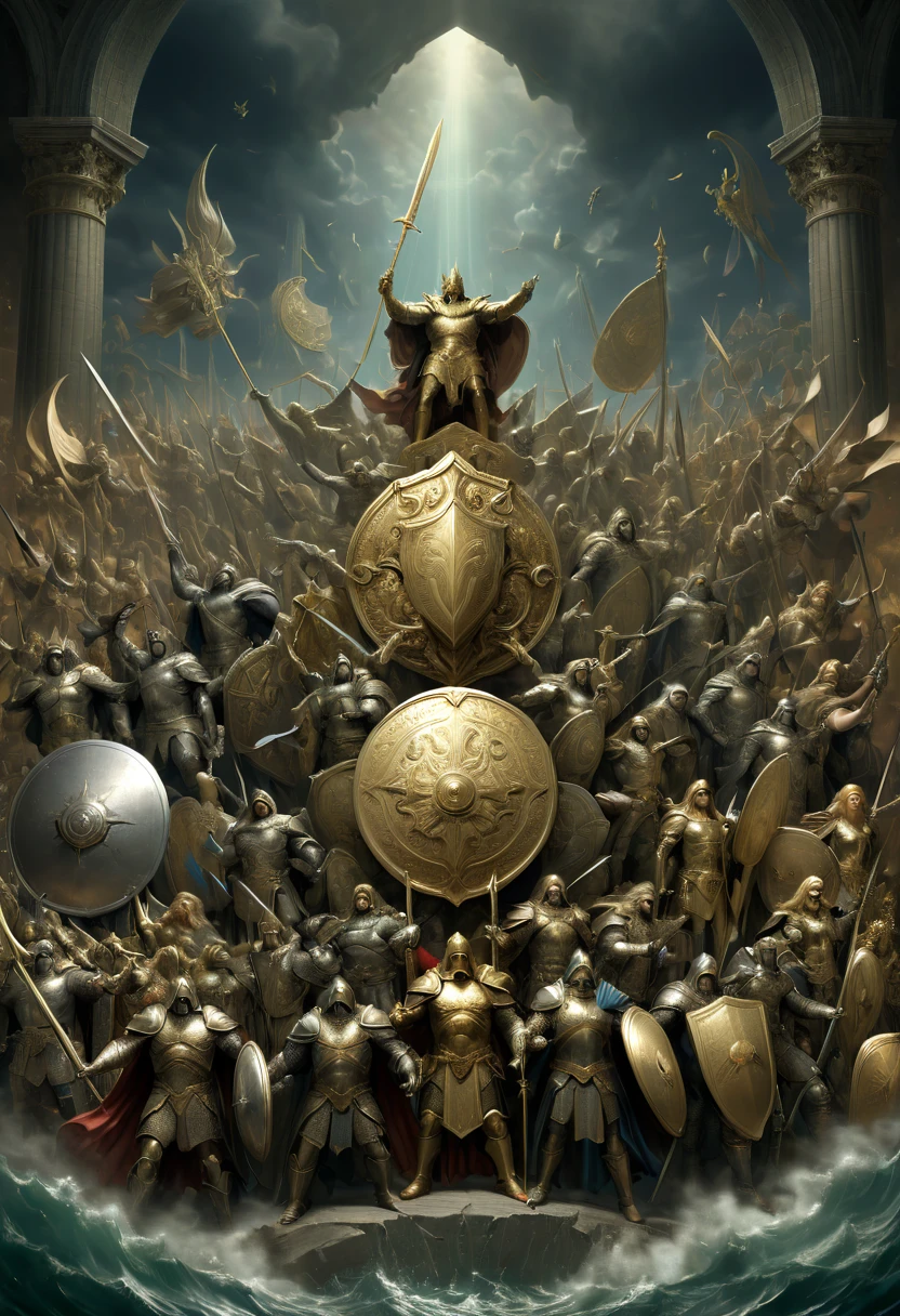 Legendary heroes and Epic shields, by Gustave Doré, fantasy, enhance, intricate, (best quality, masterpiece, Representative work, official art, Professional, 8k)