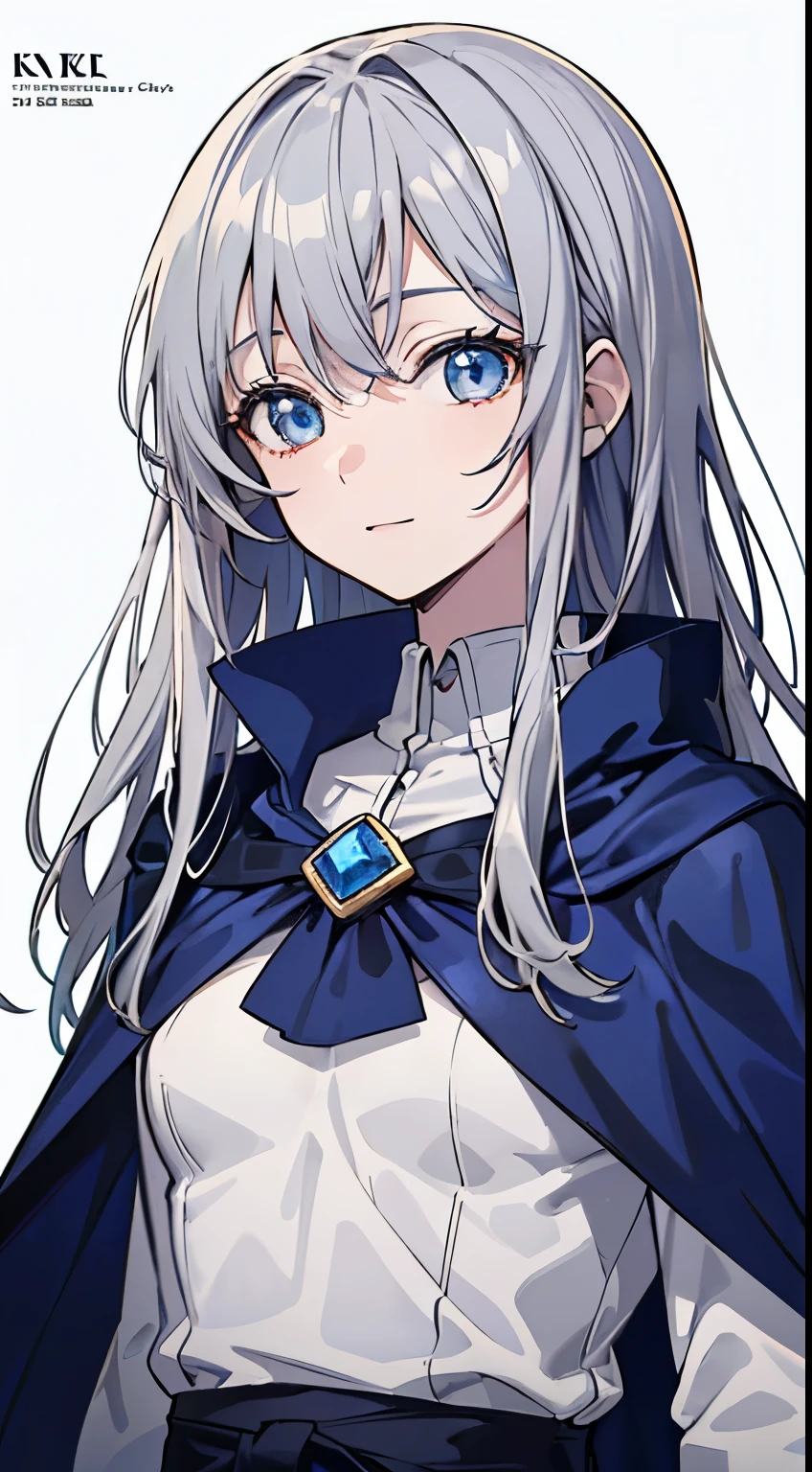 ((happy )), blue big eyes,  1  and slender woman, ((small breasts)),   ((Gray hair)),((unkempt long hair,)),In 8K, top quality, (highly detailed head: 1.0), (very detailed face: 1.0), (highly detailed hair: 1.0),((blue cape costume)), Detailed official artwork,  clean detailed anime art,(Expressionless)simple, doctor