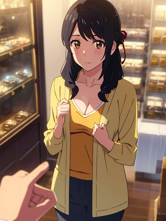 shinkai makoto, kimi no na wa., 1girl, bangs, black hair, brown eyes, waterfall braid, red ribbon, long hair, long sleeve light yellow cardigan, open shirt, yellow shirt, cleavage, breast, medium breast, Orange shirt, name tag written "LUMINE Miyamizu", looking at the viewer, indoors, jewelry products, jewelry shop, jewelry saleswoman, indoors, mall, masterpiece, perfect anatomy, cowboyshot, 1boy, visible boy, hands, grabing girl's chest, POV (POV boy's hands holding girl's chest POV)