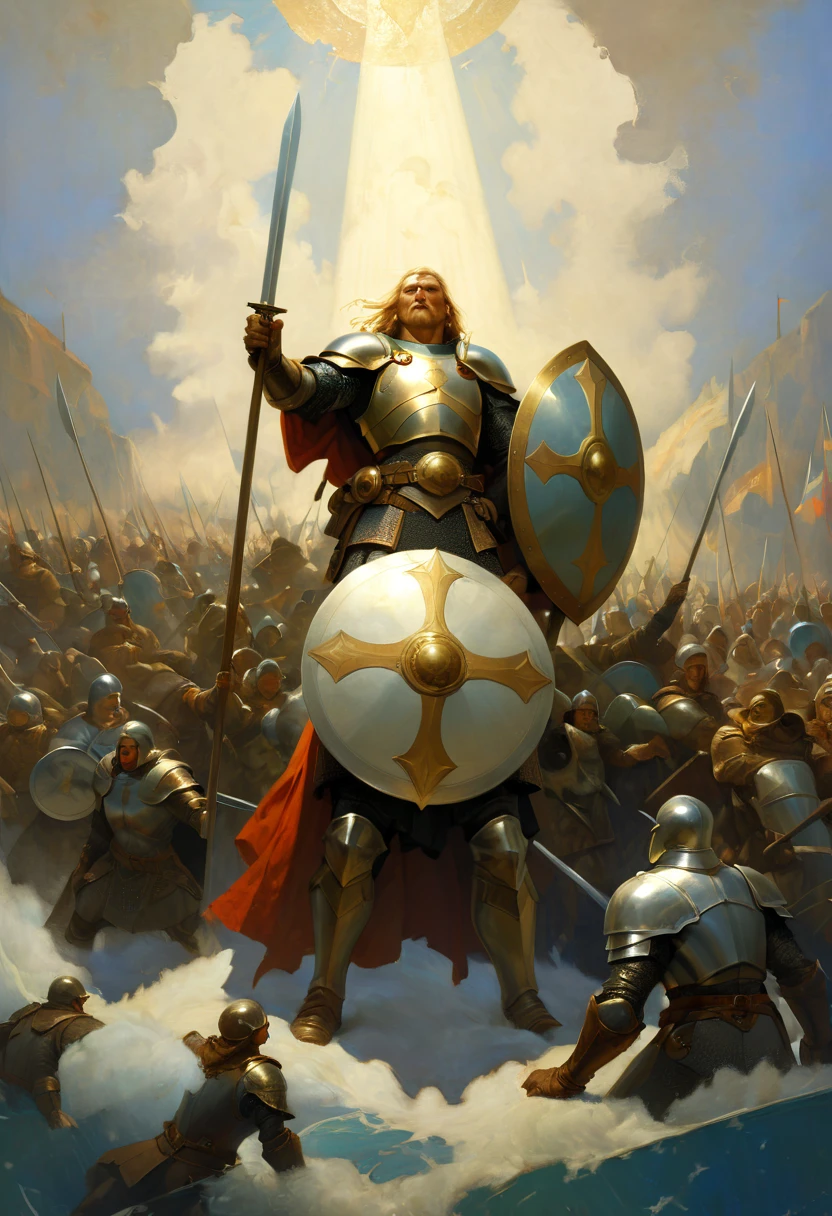 Legendary heroes and Epic shields, by N.C. Wyeth, fantasy, enhance, intricate, (best quality, masterpiece, Representative work, official art, Professional, 8k)