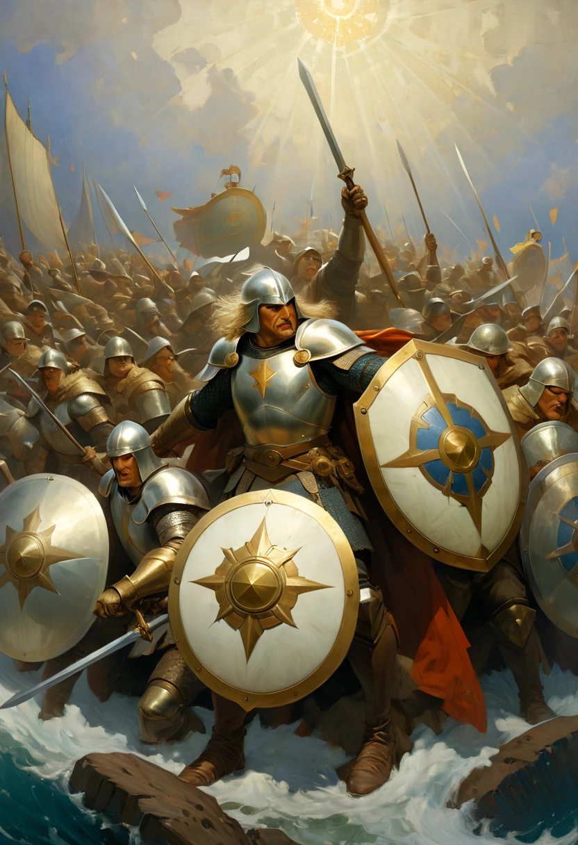 Legendary heroes and Epic shields, by N.C. Wyeth, fantasy, enhance, intricate, (best quality, masterpiece, Representative work, official art, Professional, 8k)