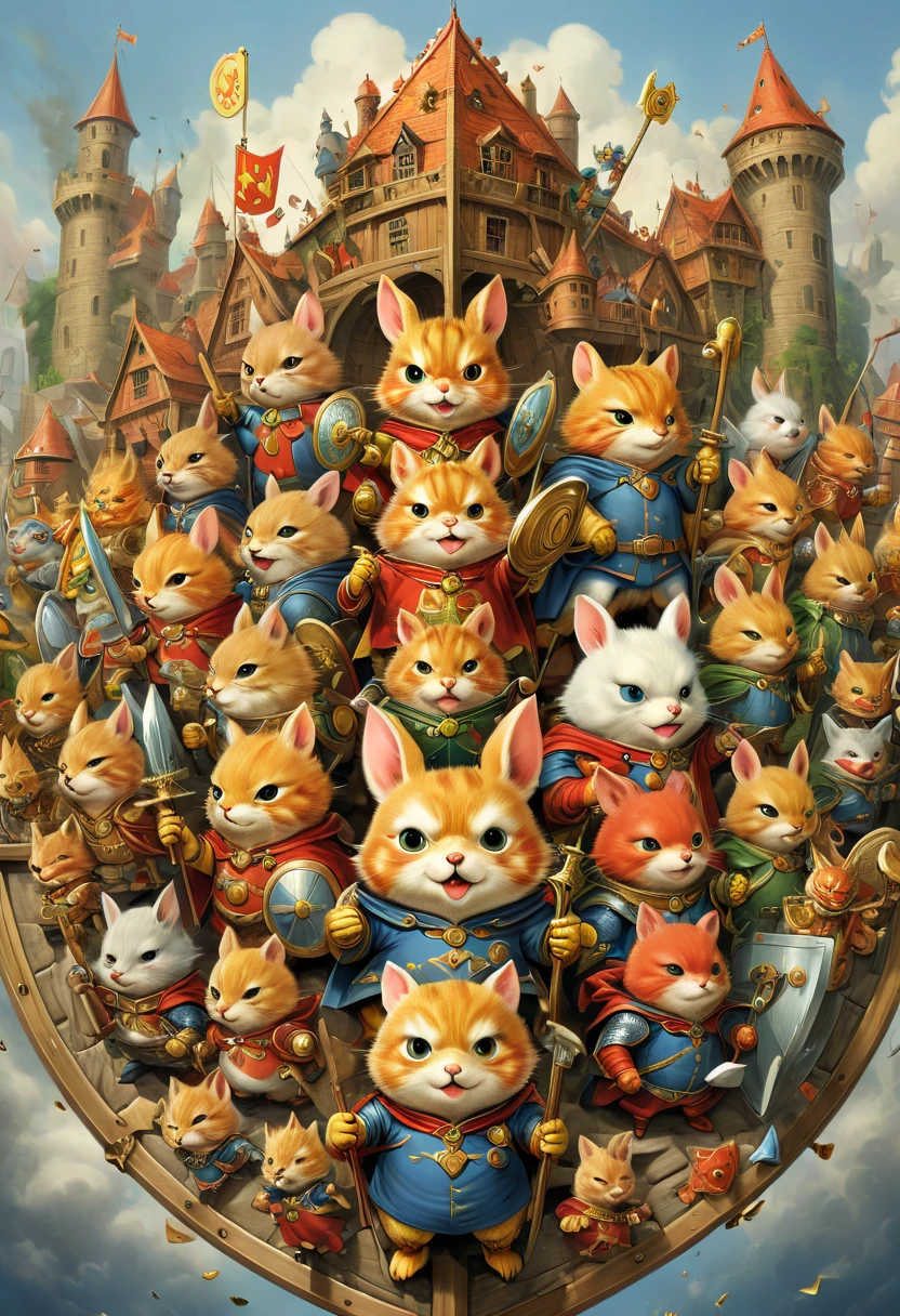 Legendary heroes and Epic shields, by Richard Scarry, fantasy, enhance, intricate, (best quality, masterpiece, Representative work, official art, Professional, 8k)