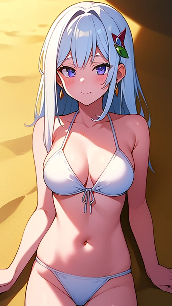 masterpiece, best quality, 1 solo girl, white hair, purple eyes, wavy hair, long hair, medium breasts, mature body and face, white bikini, jewelry, hair ornament, earrings, ball, lying at the sand, white sand, summer, cowboy shots, sexy pose, dakimakura, detailed body, face, and eyes, sharp focus, vibrant, creative, dynamic, high definition, high resolution, 8k, (Upscale: R-ESRGAN 4x+ Anime6B), (Image enchance:4x), voluptuous body, summer girl,