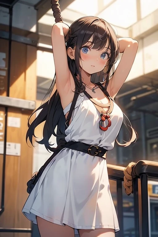 (masterpiece)), ((best quality)), (ultra-detailed), nsfw, ((underground)),(((rope strongly bound waist))),a cute girl, 1girl, solo, (white mini tanktop dress),(both wrists tied above the head ), (both wrists hung from the ceiling),((thin waist)),large breast, slim, slender, bdsm,beautiful pinkbrown hair, beautiful blue eyes, (beautiful eyes), long hair,troubled expressio