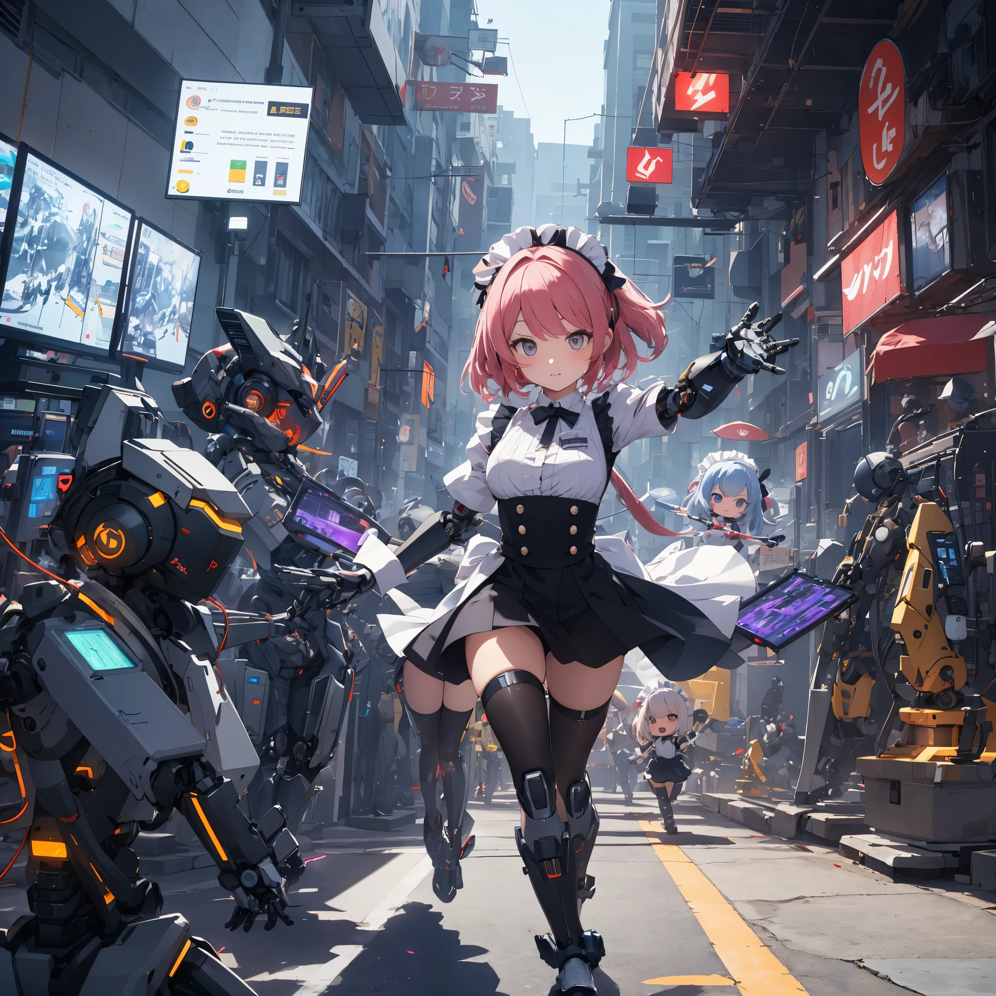 absurdres, best quality, ultra detailed 8k cg render, extremely detailed, robot girls, maid, chibi, a few charging their batteries, a few fully charged is dancing, They are programmed just to do anything you want them to.