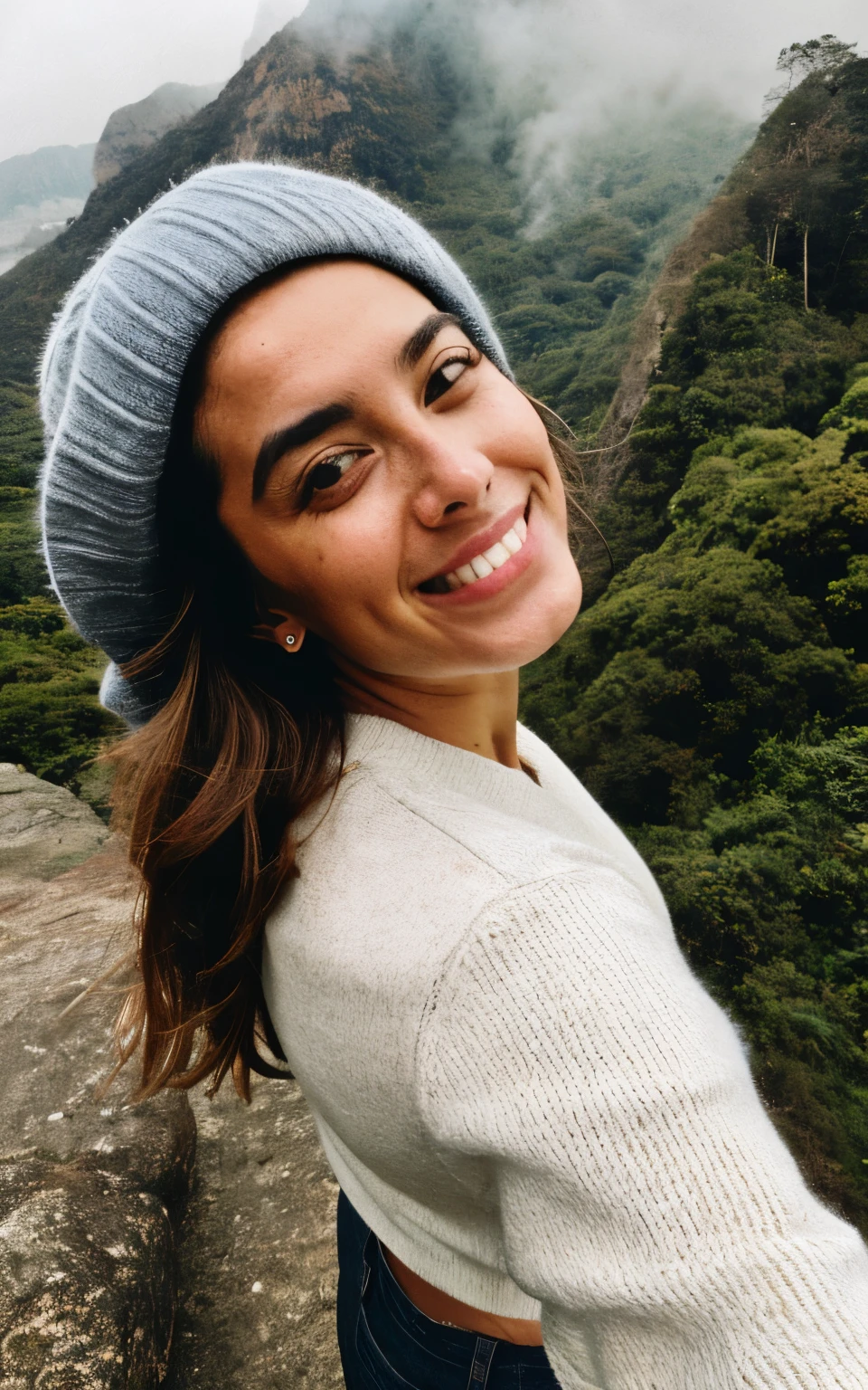 fotografia, foto de mulher bonita, selfie, tronco, Sozinho, wearing pullover, ao ar livre, (noite), montanhas, natureza da vida real, estrelas, Lua, alegre, feliz, luvas, sweater, gorro, floresta, pedras, rio, madeira, smoke, Mist, olhando para o espectador, textura da pele, Grain Photo, fechar-se, foto crua