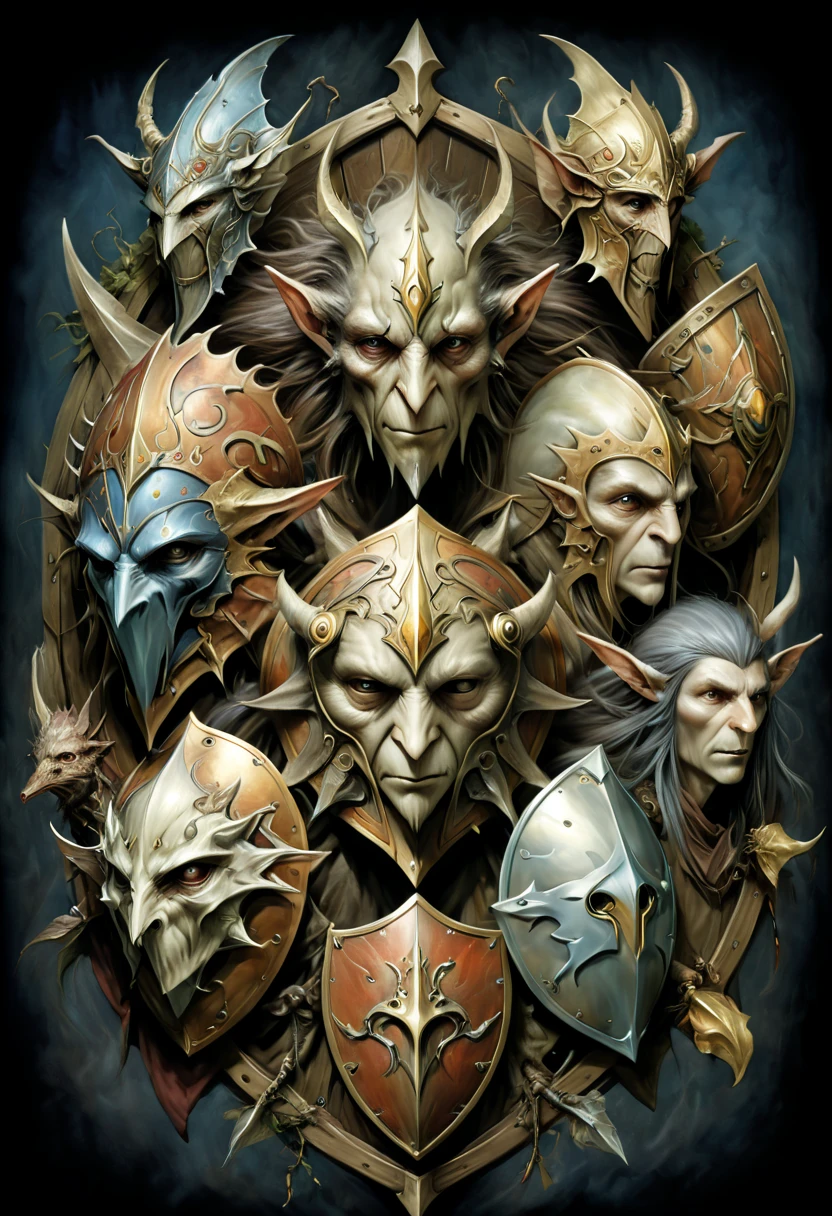 Legendary heroes and Epic shields, by Brian Froud, fantasy, enhance, intricate, (best quality, masterpiece, Representative work, official art, Professional, 8k)