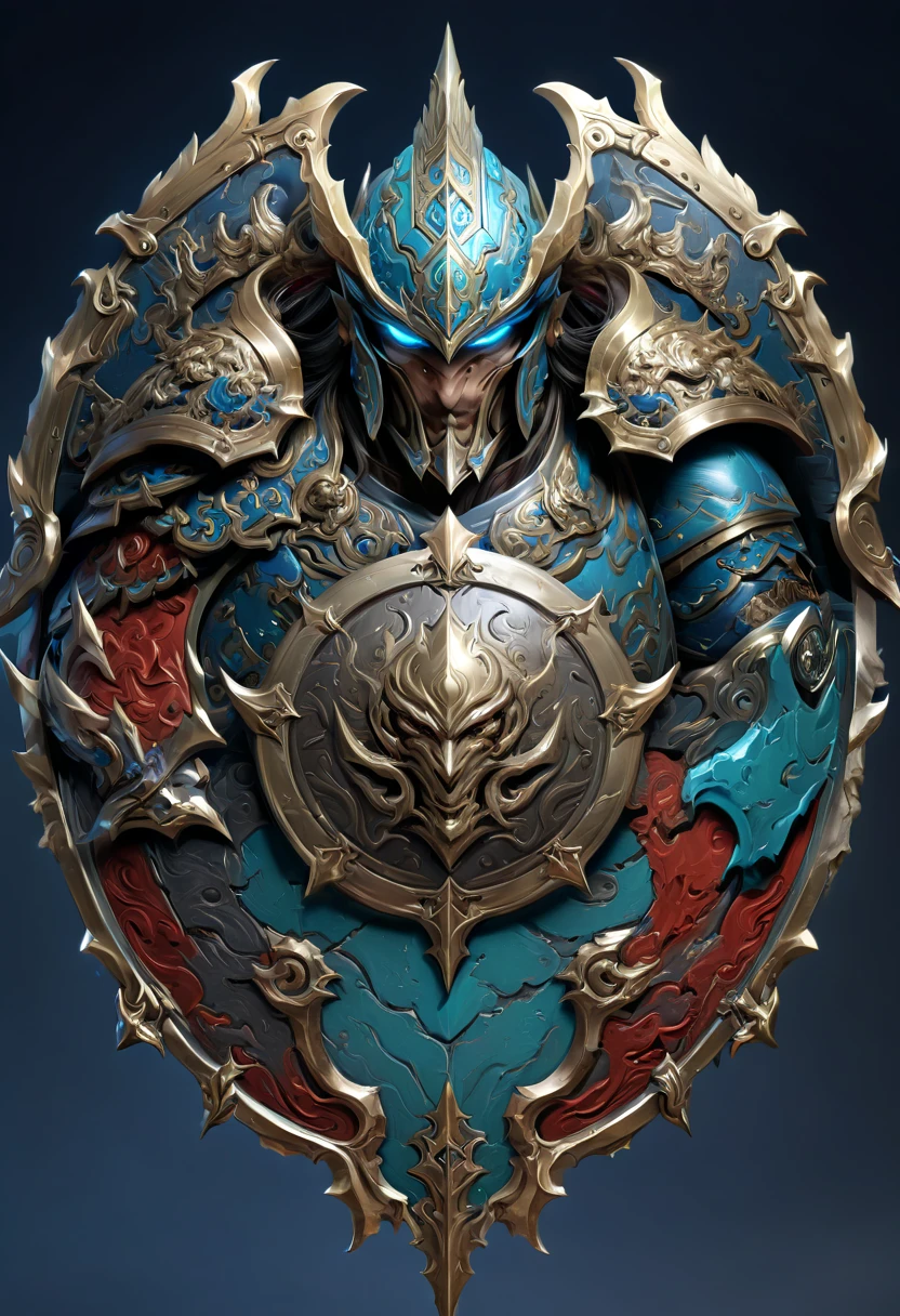 Legendary heroes and Epic shields, by zhang daqian and Gu An and bao pnan, fantasy, enhance, intricate, (best quality, masterpiece, Representative work, official art, Professional, 8k)