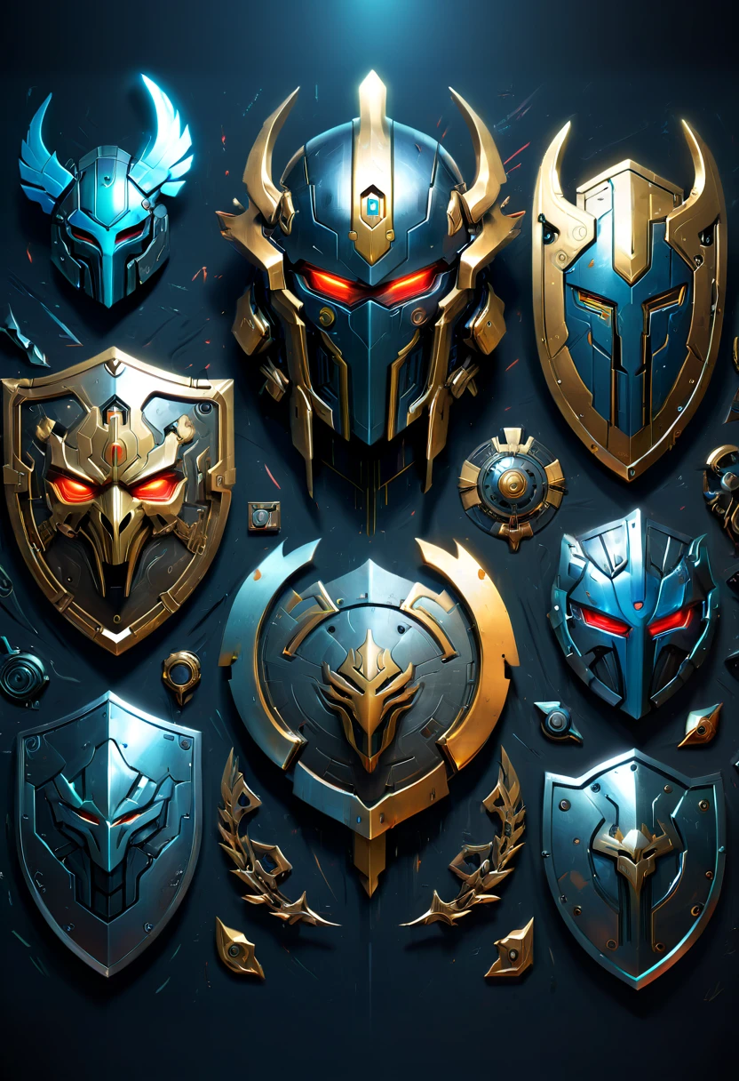 Legendary heroes and Epic shields, by cyberpunk, fantasy, enhance, intricate, (best quality, masterpiece, Representative work, official art, Professional, 8k)