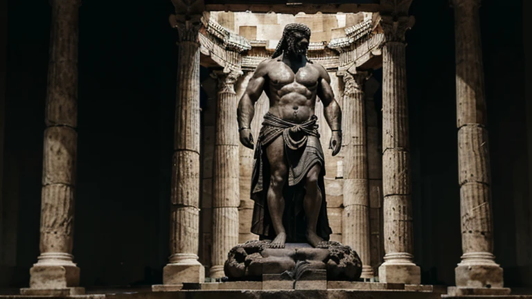 A dark landscape image of an ancient greek society deeply connected to stoicism, black and white, ancient greek architecture, include one single big statue of a stereotypical strong greek man, marcus aurelius --ar 16:9 --style G4JuqKlERum6vZGYhO9USsL