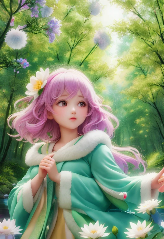 Girl in the forest with floating flowers, river, fluffy, fluffy cheeks, cute,
Bright colors, Colorful art style,
soft lighting, soft shadow, detailed texture, dynamic lighting,
nice hands, perfect hands,