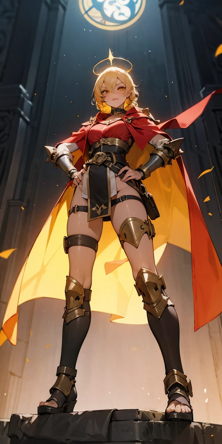 paladin lady in ornate golden armor, black collar, pauldrons, breastplate, corset, glowing halo, single braid, blonde, yellow glowing eyes, bright pupils, eye focus, red cape, temple indoors, stained glass windows, night, moonlight, particles, light beam, chromatic aberration, (full body, whole body. 1solo (girl). slave fighter, loincloth standing, hands on hips full body, whole body. 1solo (girl). slave fighter, loincloth standing, hands on hips, metal sandals, backpack, choker, big belt, view from below, feet together, bracers, tiara)
