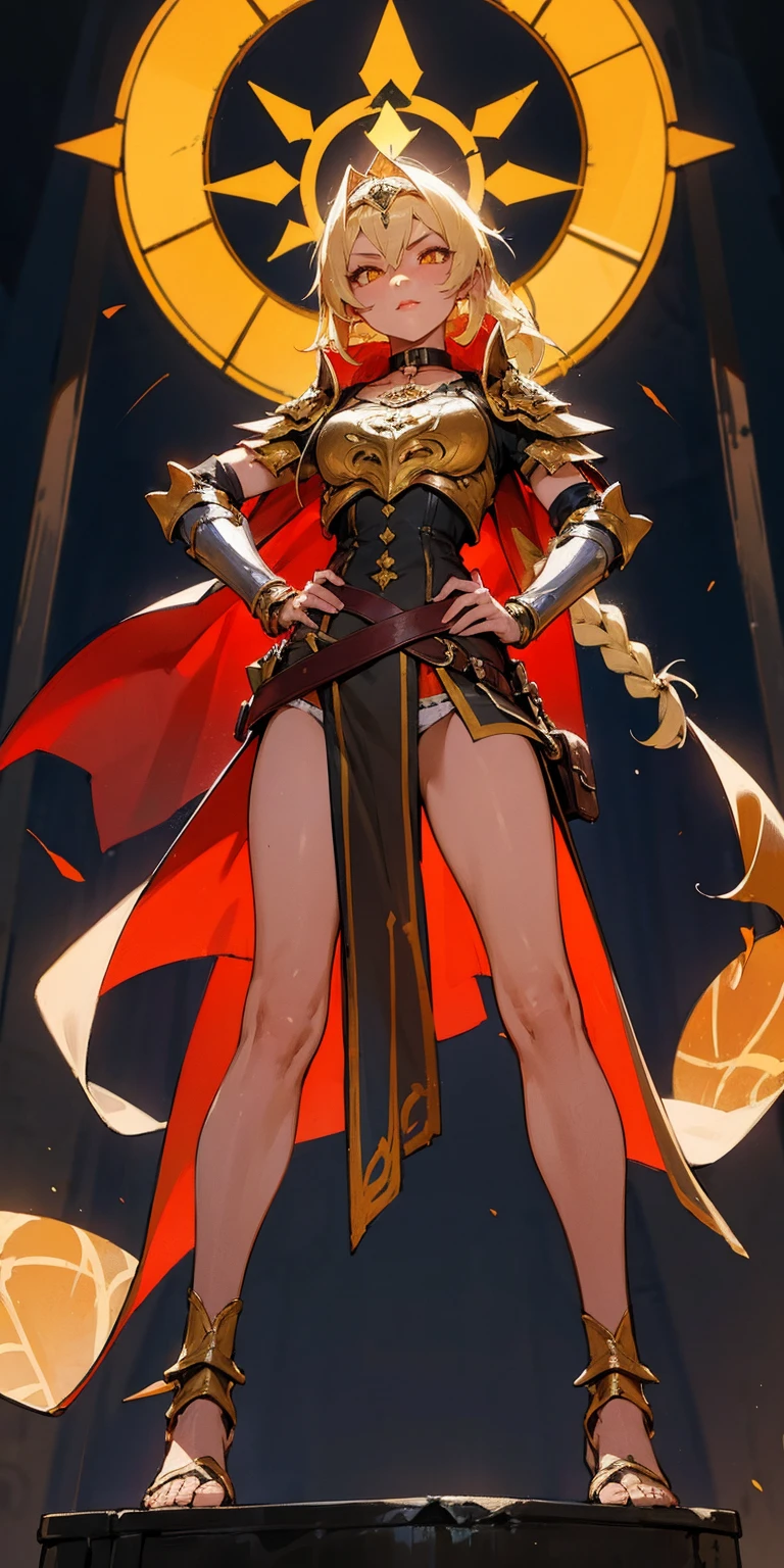 paladin lady in ornate golden armor, black collar, pauldrons, breastplate, corset, glowing halo, single braid, blonde, yellow glowing eyes, bright pupils, eye focus, red cape, temple indoors, stained glass windows, night, moonlight, particles, light beam, chromatic aberration, (full body, whole body. 1solo (girl). slave fighter, loincloth standing, hands on hips full body, whole body. 1solo (girl). slave fighter, loincloth standing, hands on hips, metal sandals, backpack, choker, big belt, view from below, feet together, bracers, tiara)