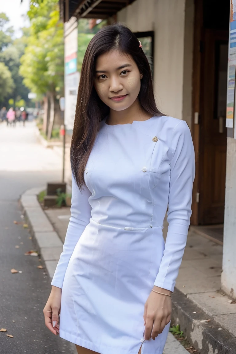 A pretty Asian girl,Burmese,years,a miniskirt、Neat sailor suit, Half body portrait,realisitic、超A high resolution, medium breast, sharp eyes, wearing longyi myanmar dress,