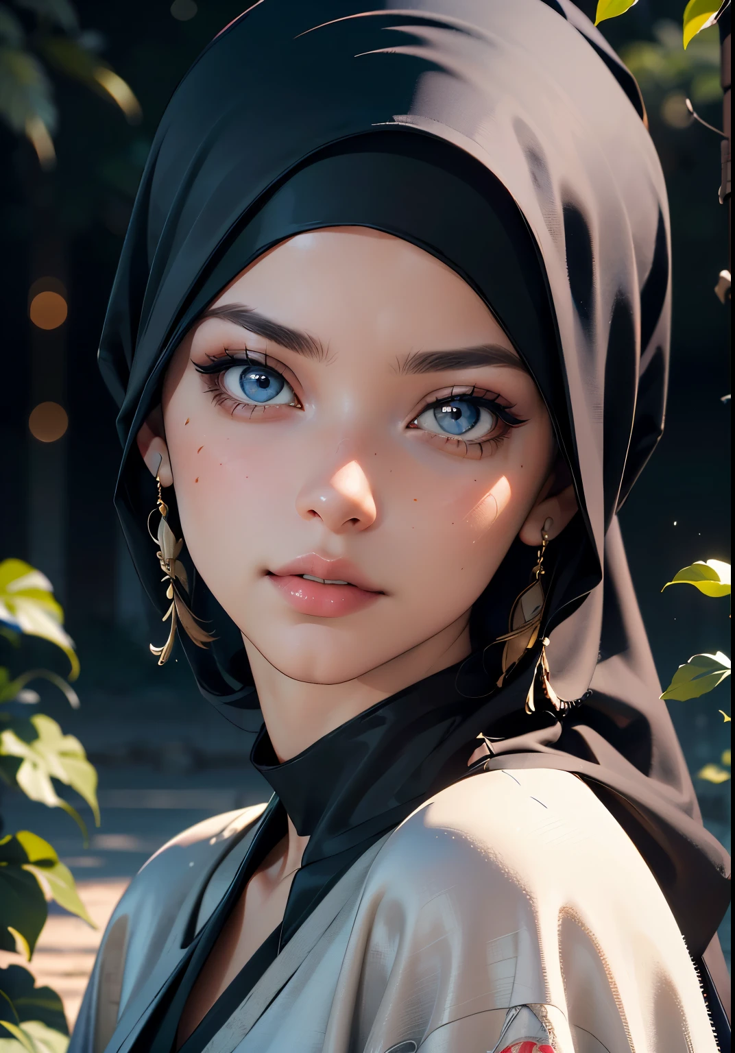 3D Character Design, pixar, real cartoon, 8k, highly detailed, full length frame, High detail RAW color art, diffused soft lighting, shallow depth of field, sharp focus, hyperrealism, cinematic lighting, ((close up)) hijab, a woman, beautifully makeup, brown beautiful big eyes, long eye lashes, wearing proper (Dark blue satin hijab), loosely tide hijab style, ((gray satin kaftan dress))