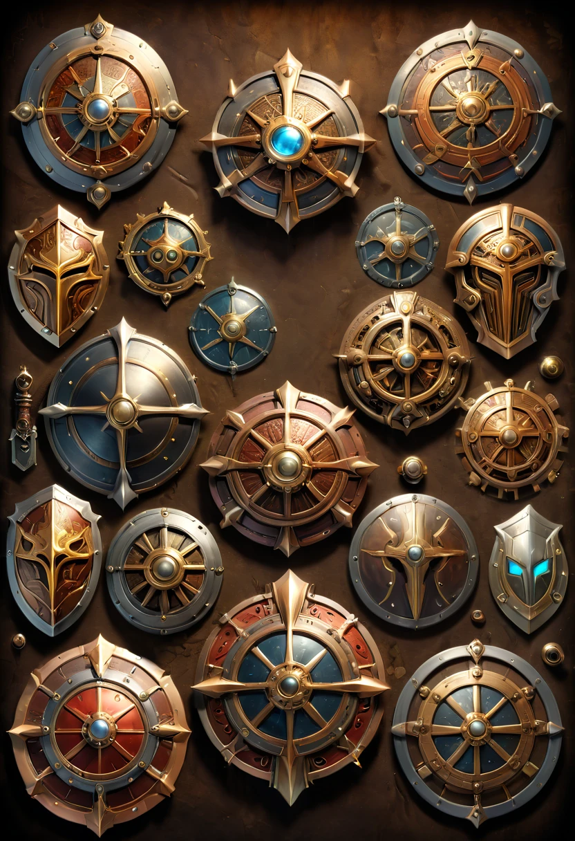 Legendary heroes and Epic shields, by steampunk, fantasy, enhance, intricate, (best quality, masterpiece, Representative work, official art, Professional, 8k)