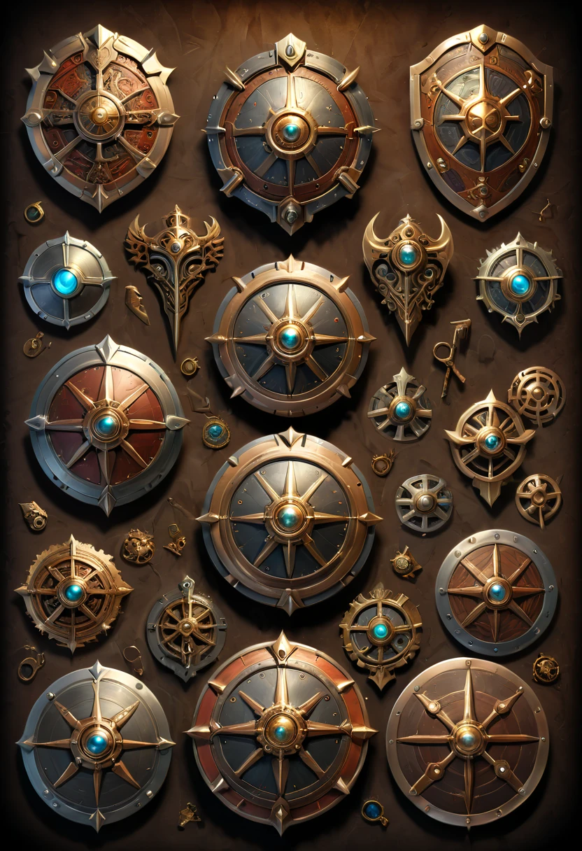 Legendary heroes and Epic shields, by steampunk, fantasy, enhance, intricate, (best quality, masterpiece, Representative work, official art, Professional, 8k)