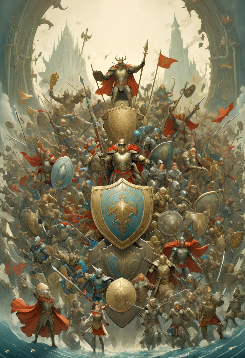 Legendary heroes and Epic shields, by randolph caldecott, fantasy, enhance, intricate, (best quality, masterpiece, Representative work, official art, Professional, 8k)