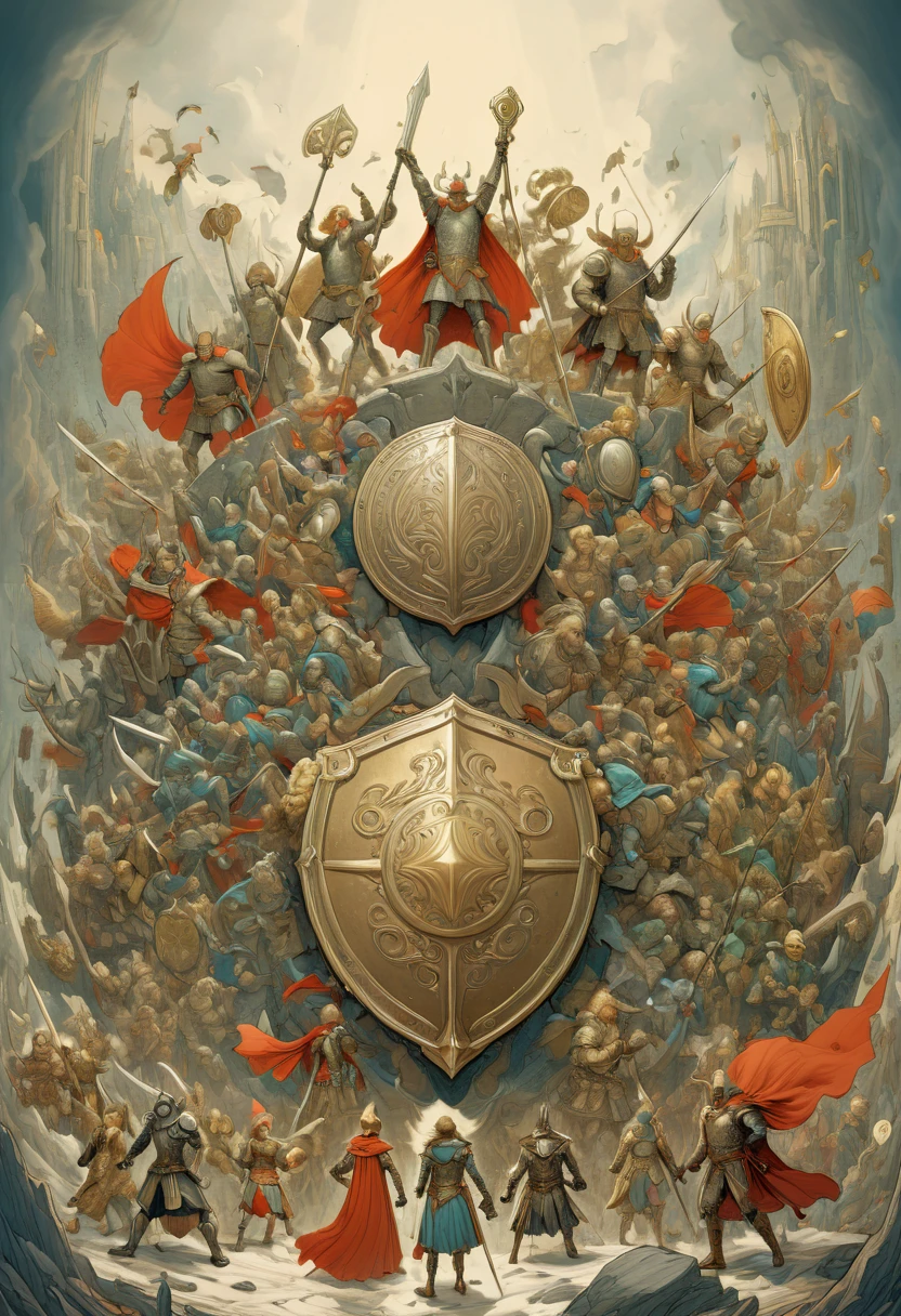 Legendary heroes and Epic shields, by randolph caldecott, fantasy, enhance, intricate, (best quality, masterpiece, Representative work, official art, Professional, 8k)