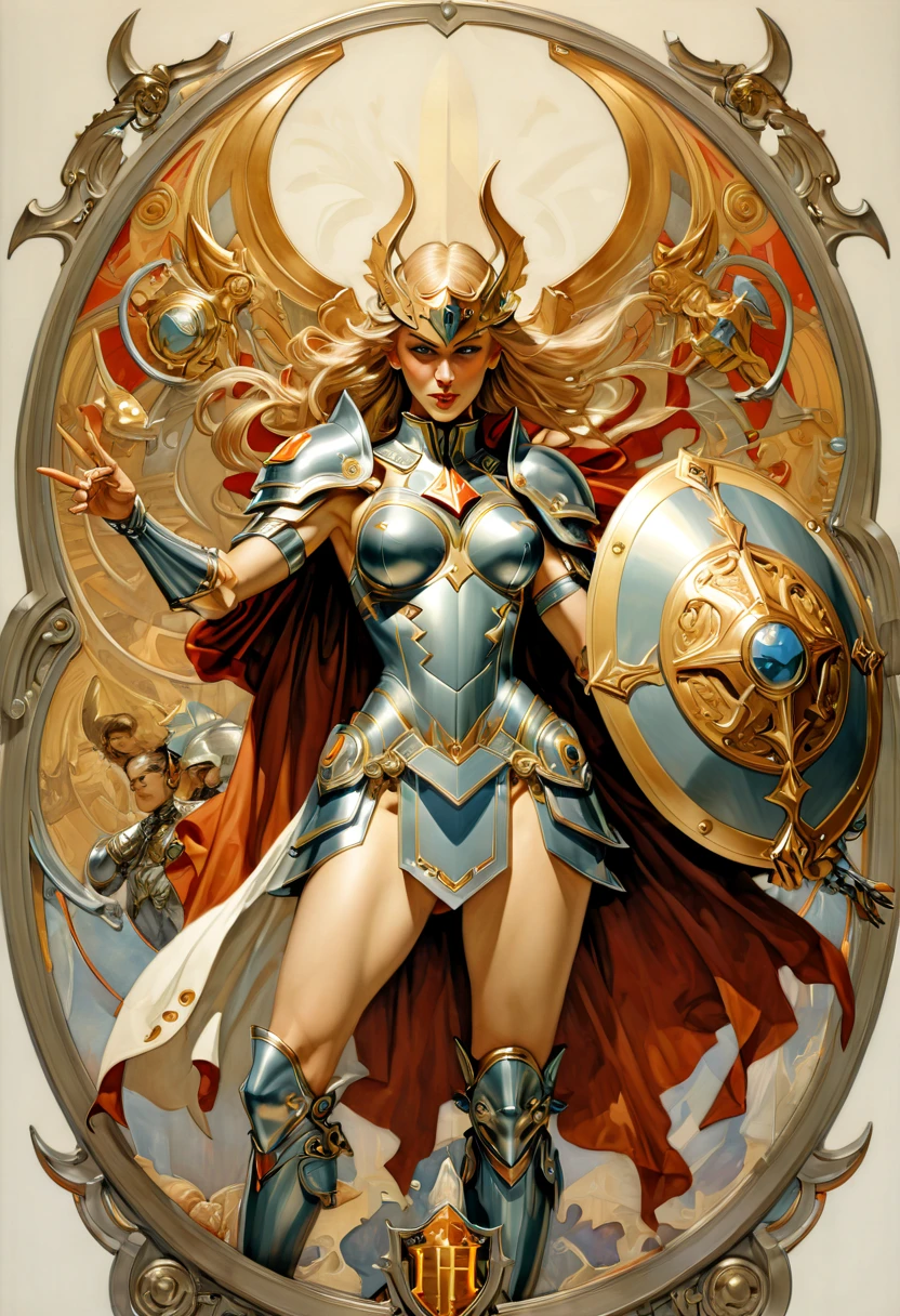 Legendary heroes and Epic shields, by joseph leyendecker, fantasy, enhance, intricate, (best quality, masterpiece, Representative work, official art, Professional, 8k)