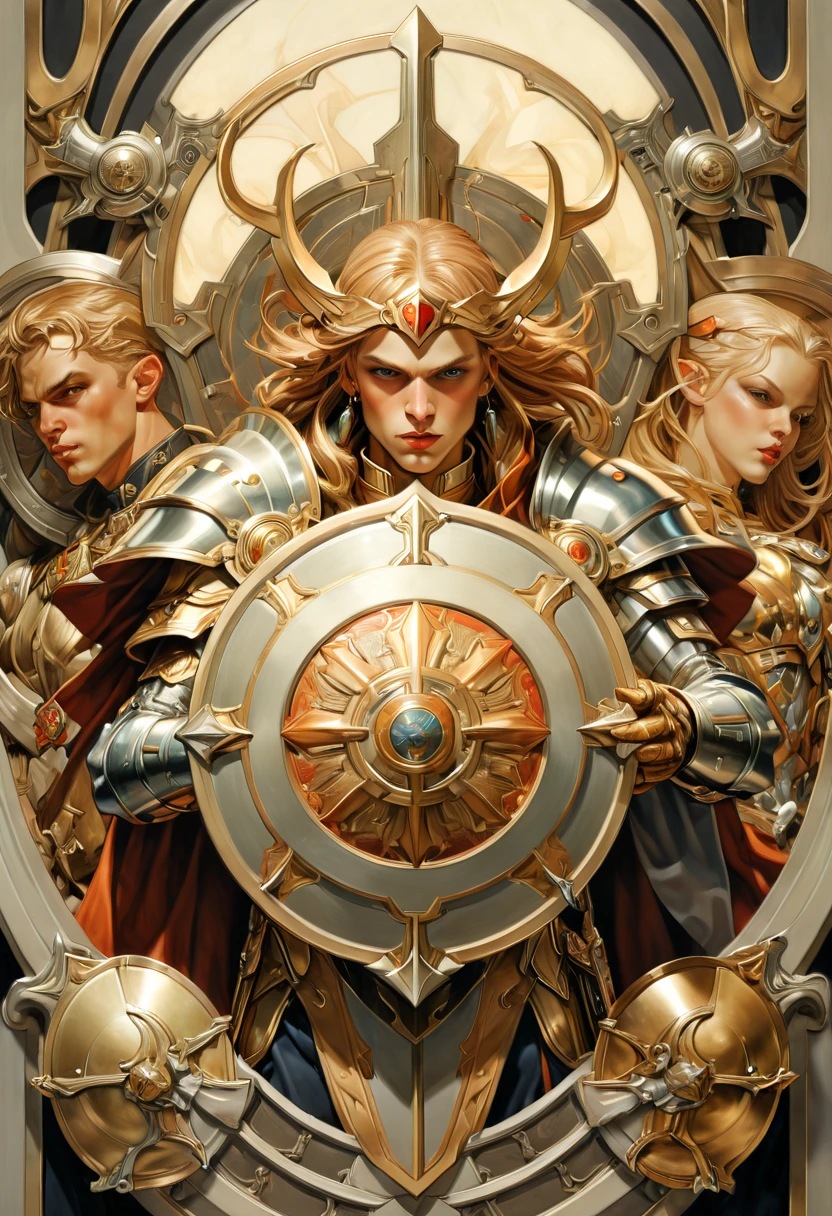 Legendary heroes and Epic shields, by joseph leyendecker, fantasy, enhance, intricate, (best quality, masterpiece, Representative work, official art, Professional, 8k)