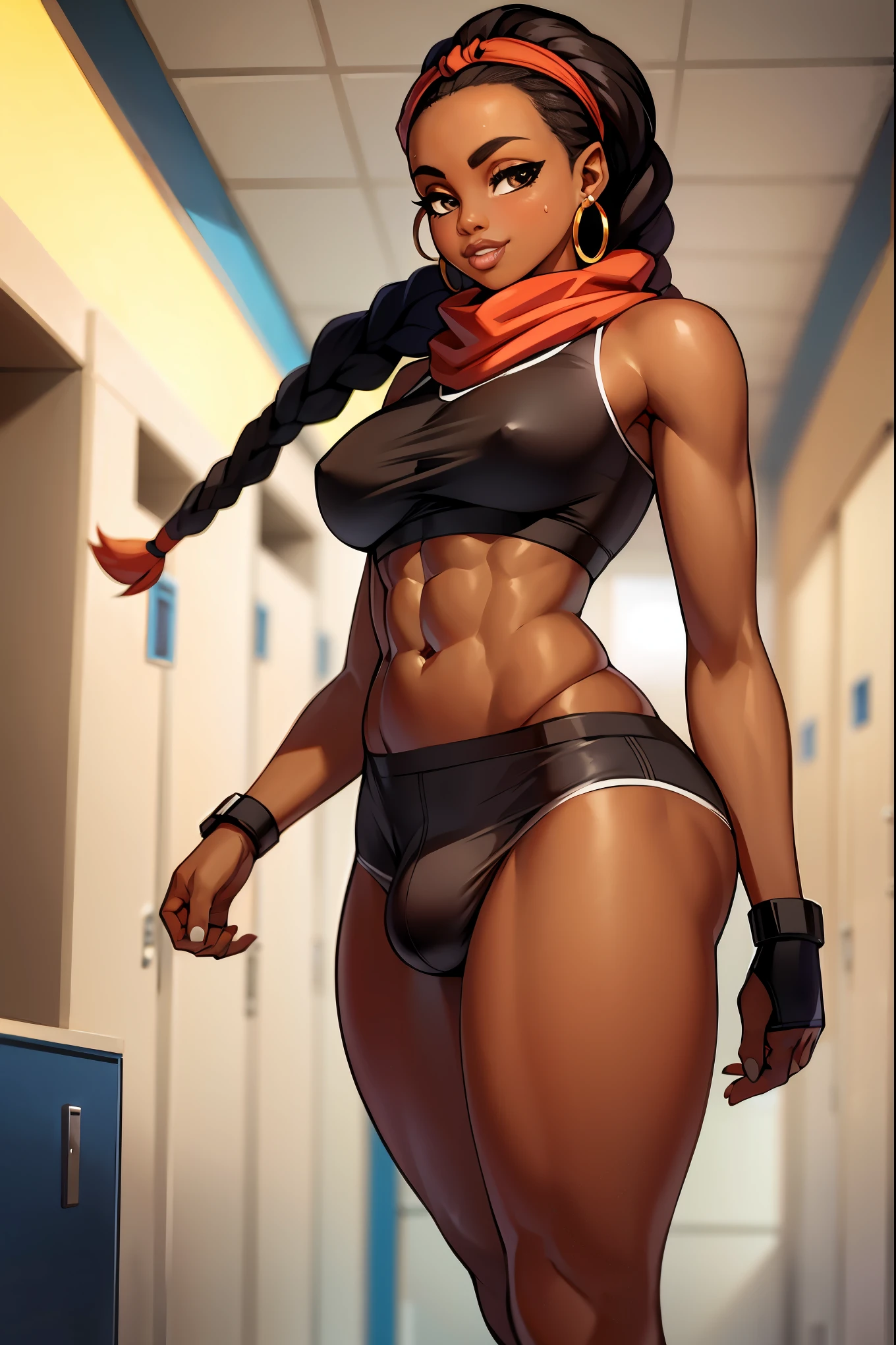 (solo:1.1),(masterpiece), (best quality:1.3), ultra detailed, intricate, professional art, digital art, absurdres, Kimberly, 1girl, solo, black hair, braided hair, long braids, two tone hair, slender body type, head proportionately sized to body, long legs, abs, full lips, beestung lips, African American, dark brown eyes, gold hoop earrings, smile, hair tie, brown skin, (dark skin:1.4), red underpants, Boxer Briefs, red short sleeved crop top, puffy sleeves, fingerless gloves, bandana scarf, medium breasts, wide hips, full lips, futanari, detailed thighs, genitalia outline on clothing, male genitalia, huge bulge, detailed male genitalia outline, erection under clothes, huge crotch bulge, detailed genitalia outline, BREAK, locker room, standing pose, BREAK frontal view, universal lighting, BREAK
